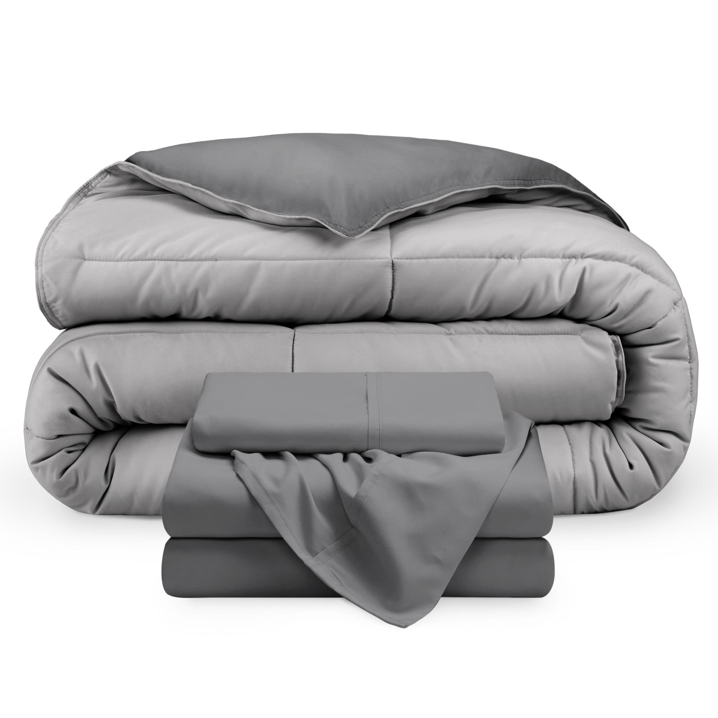 Bare Home 4-Piece Reversible Bed-in-a-Bag - Premium 1800 Collection - Twin XL, Light Gray/Gray Comforter with Light Gray Sheet Set