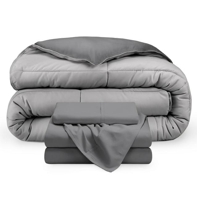 Bare Home 4-Piece Reversible Bed-in-a-Bag - Premium 1800 Collection - Twin XL, Light Gray/Gray Comforter with Gray Sheet Set