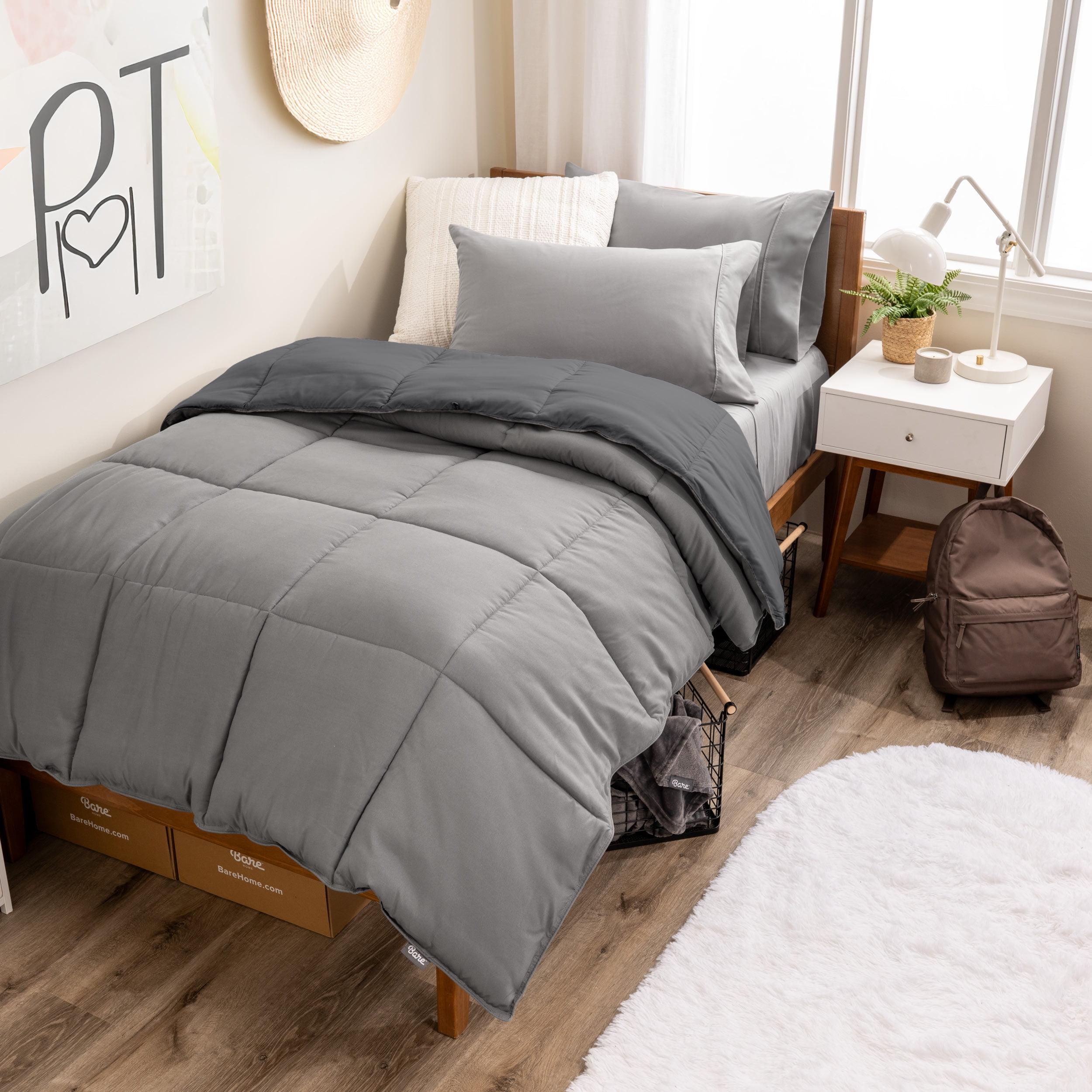 Bare Home 4-Piece Reversible Bed-in-a-Bag - Premium 1800 Collection - Twin XL, Light Gray/Gray Comforter with Gray Sheet Set