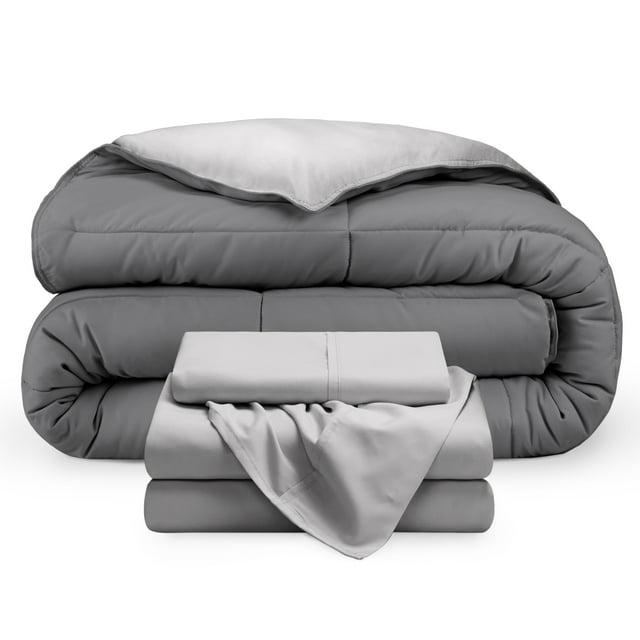 Bare Home 4-Piece Reversible Bed-in-a-Bag - Premium 1800 Collection - Twin XL, Light Gray/Gray Comforter with Light Gray Sheet Set
