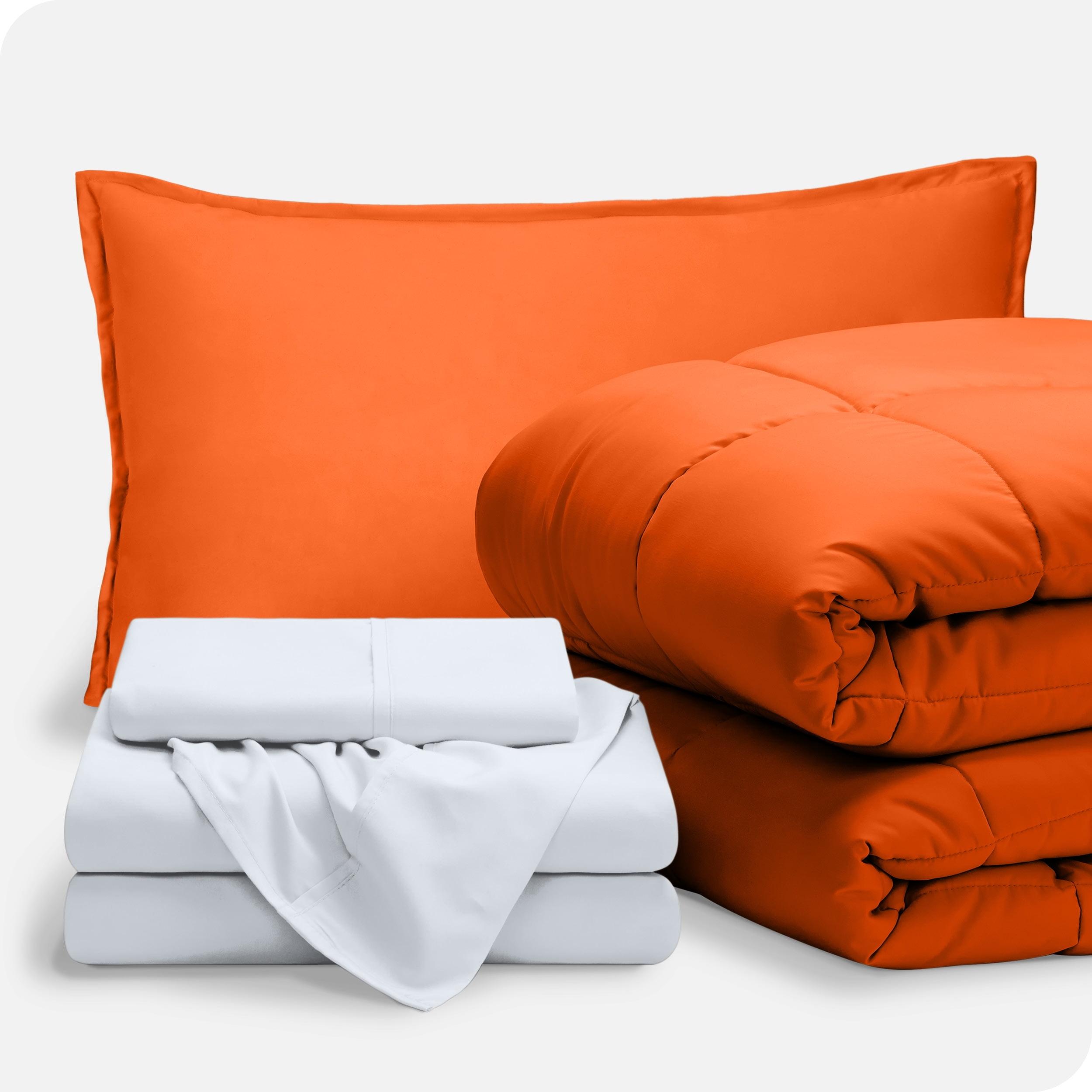 Twin Orange and White Microfiber Down Alternative Bedding Set