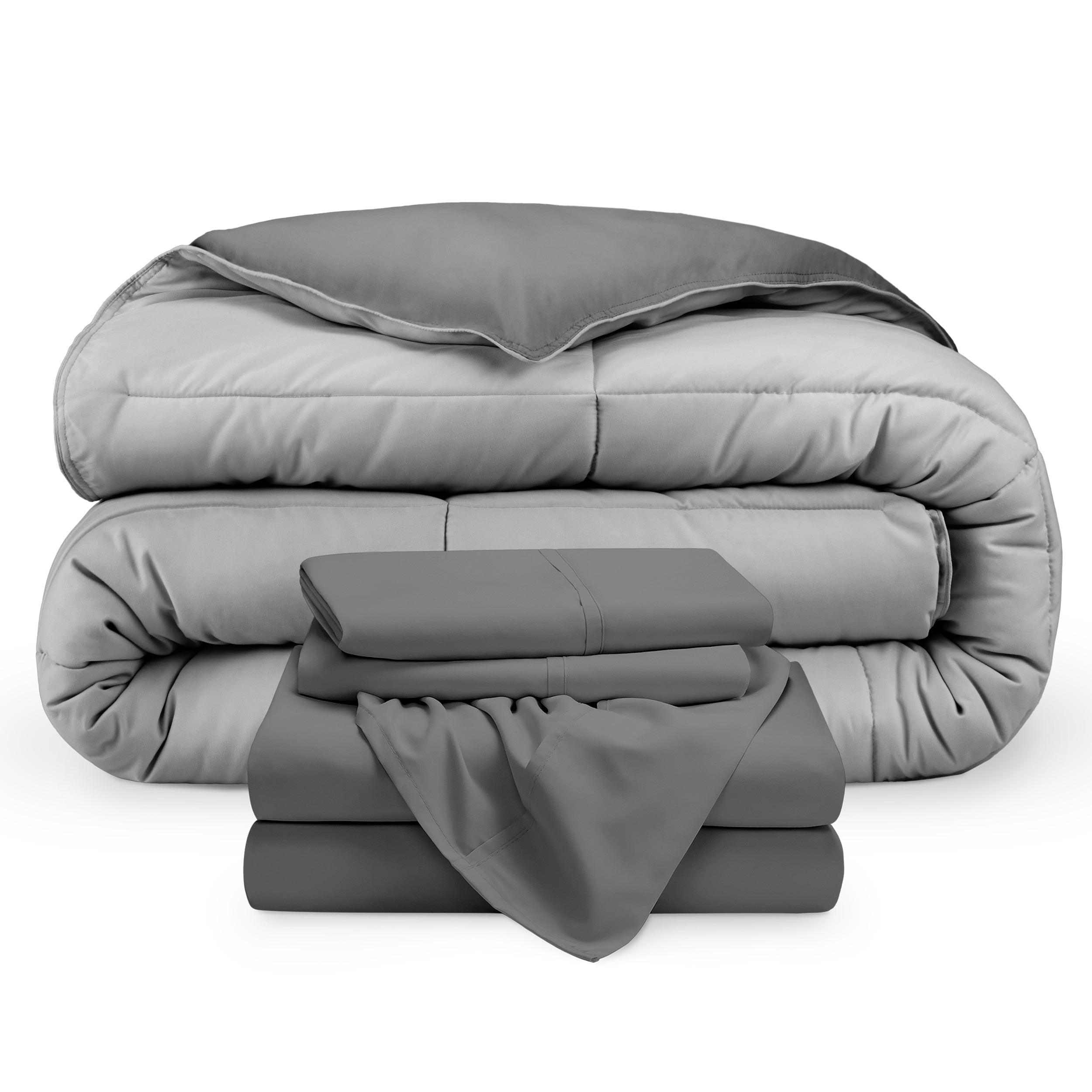 Bare Home 5-Piece Reversible Bed-in-a-Bag - Premium 1800 Collection - Split Head Flex King, Light Gray/Gray Comforter with Gray Sheet Set