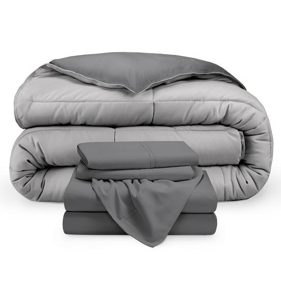 Bare Home 5-Piece Reversible Bed-in-a-Bag - Premium 1800 Collection - Split Head Flex King, Light Gray/Gray Comforter with Gray Sheet Set