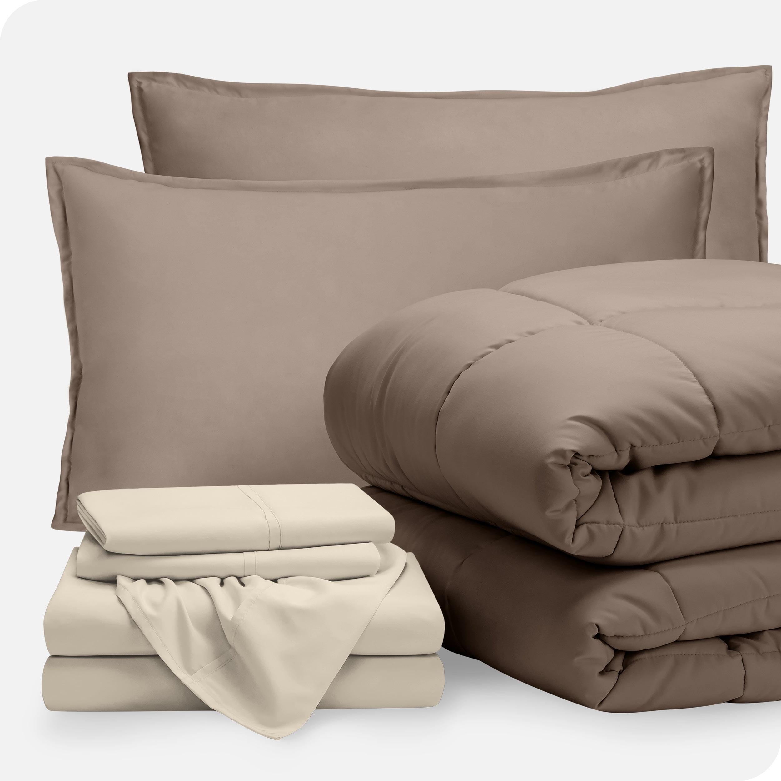 King Double Brushed Bed in a Bag Taupe Comforter Set, Sand Sheet Set by Bare Home