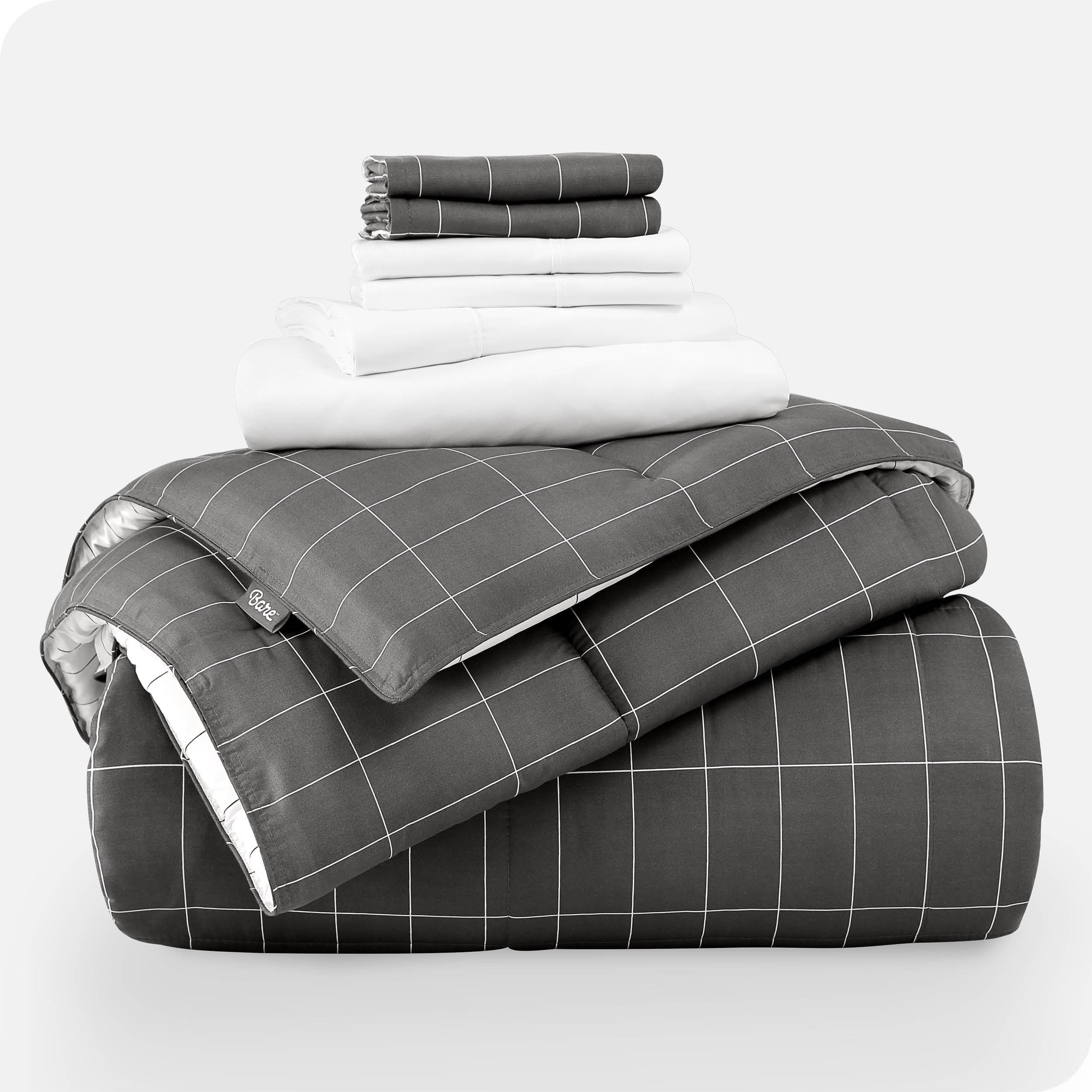 Queen Grey and White Grid Microfiber Bed in a Bag Set