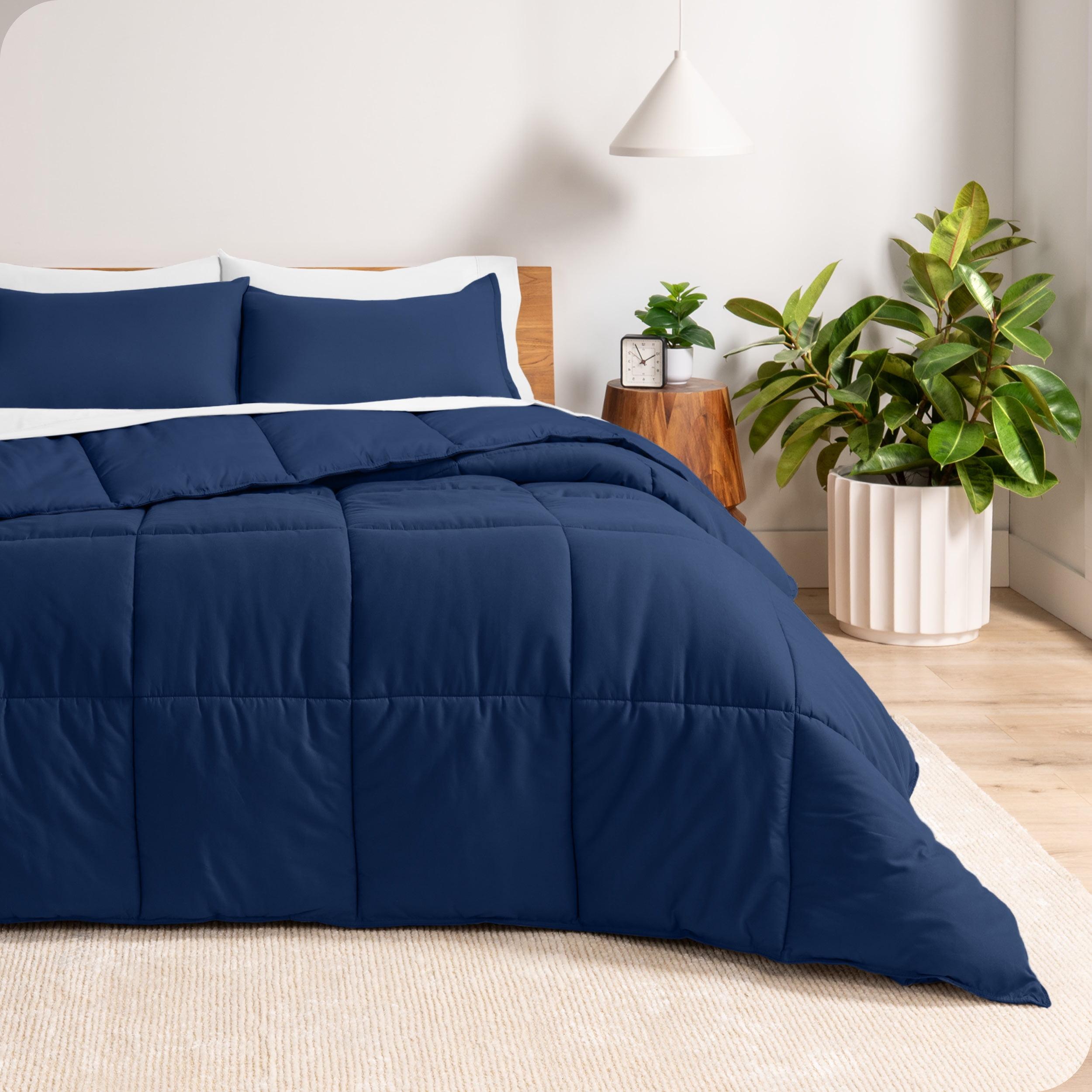 Queen Comforter Set 5Pc Down Alternative Ultra Soft Solid Comforters with Shams, Decorative Pillow & Bed Skirt - Navy