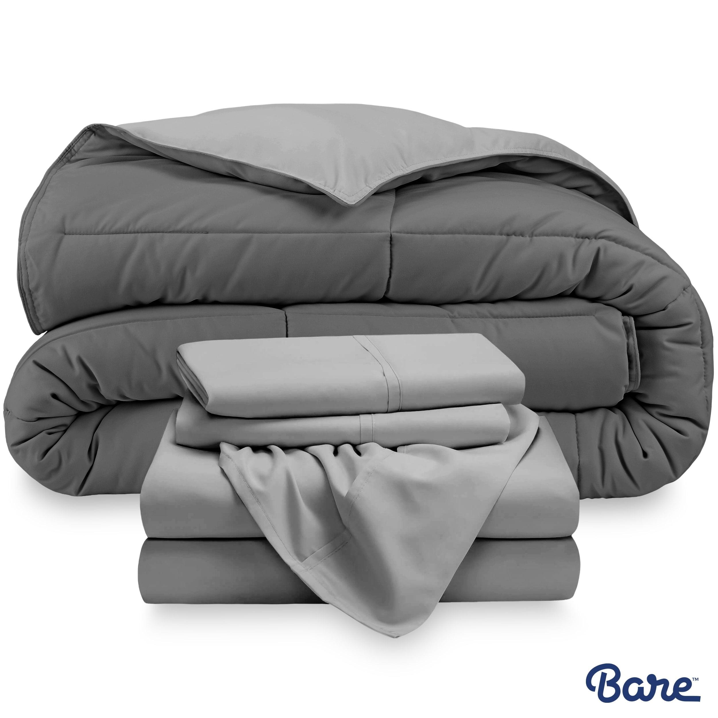 Bare Home 4-Piece Reversible Bed-in-a-Bag - Premium 1800 Collection - Twin XL, Light Gray/Gray Comforter with Light Gray Sheet Set