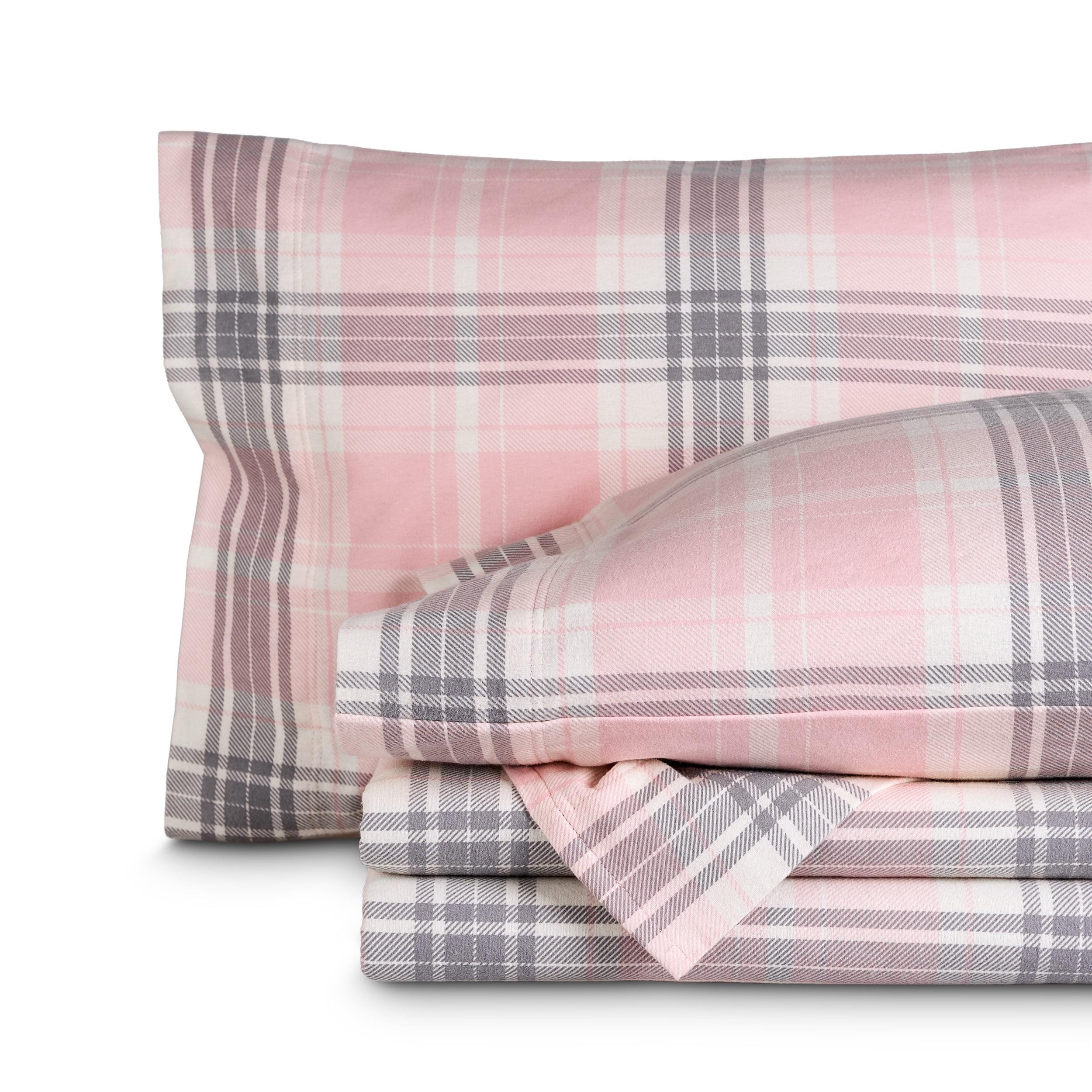 Aurora Plaid - Pink Cotton Flannel Full Sheet Set by Bare Home