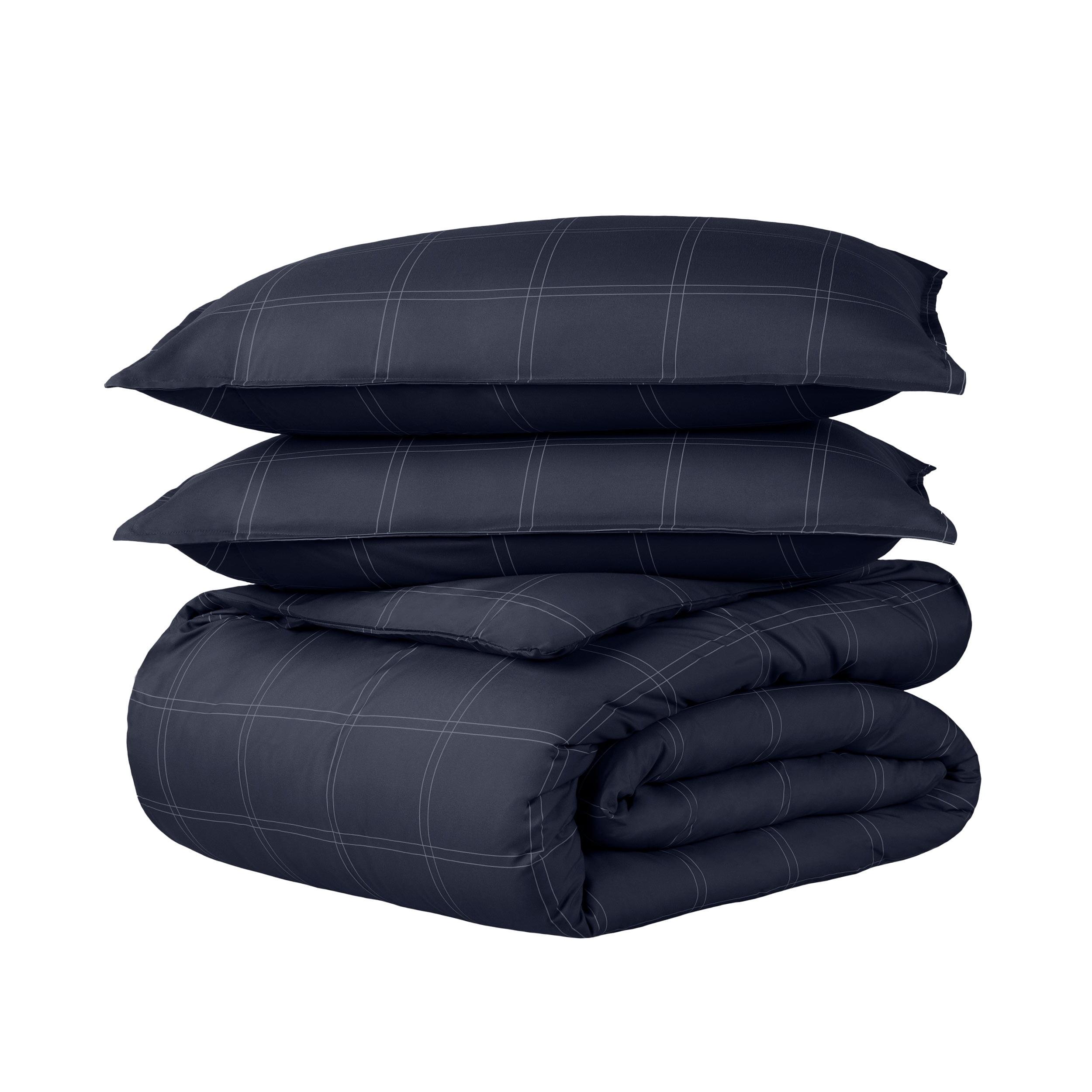 King/Cal King Modern Plaid - Midnight Blue/White Double Brushed Duvet Set by Bare Home