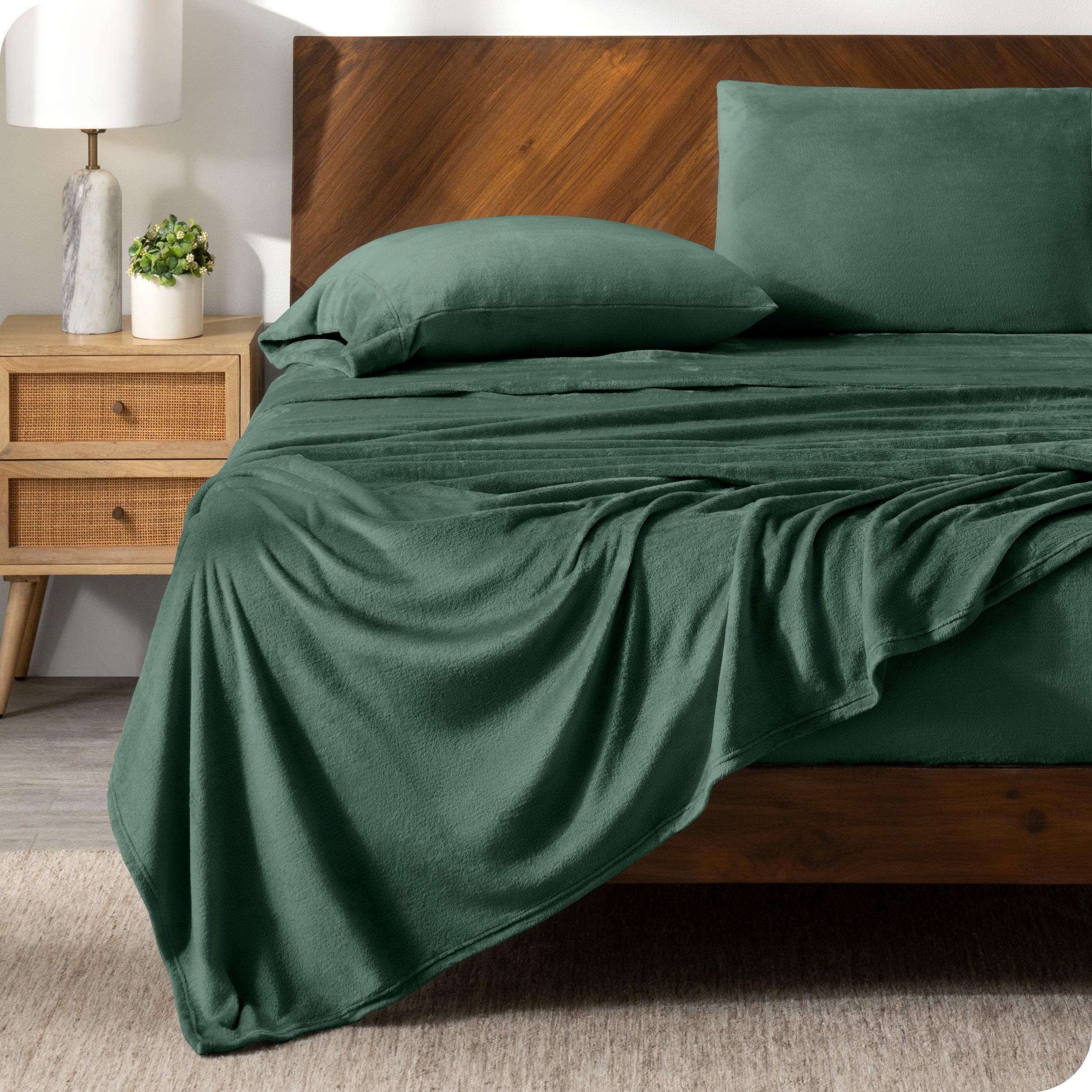Velvety Soft Microplush Fleece Forest Green Queen Sheet Set by Bare Home