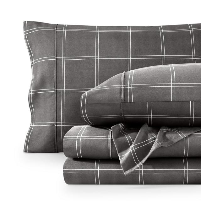 Bare Home Ultra-Soft Sheet Set - Premium 1800 Collection - Deep Pockets - 4-Pieces - King, Modern Plaid - Gray/White