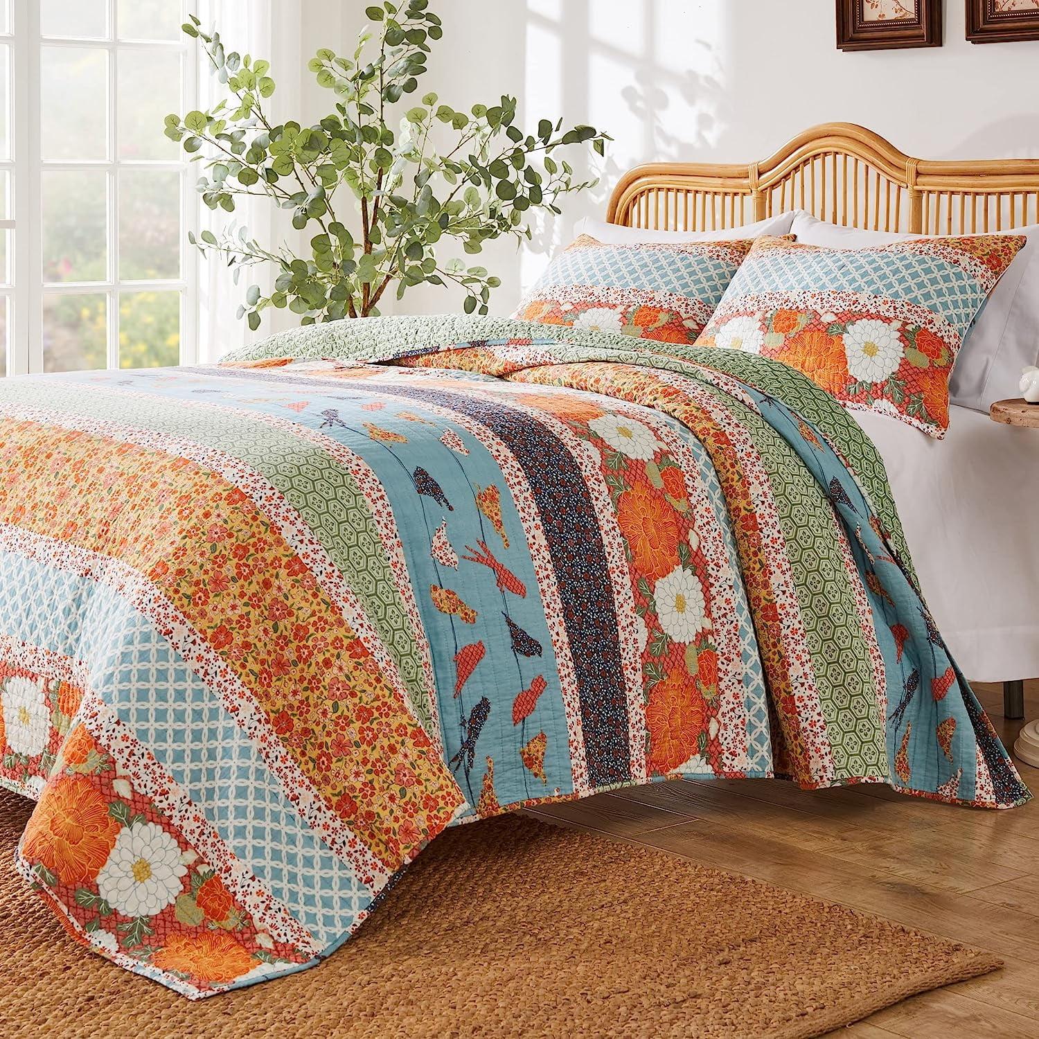 Carlie Blue and Orange Reversible Twin Quilt Set