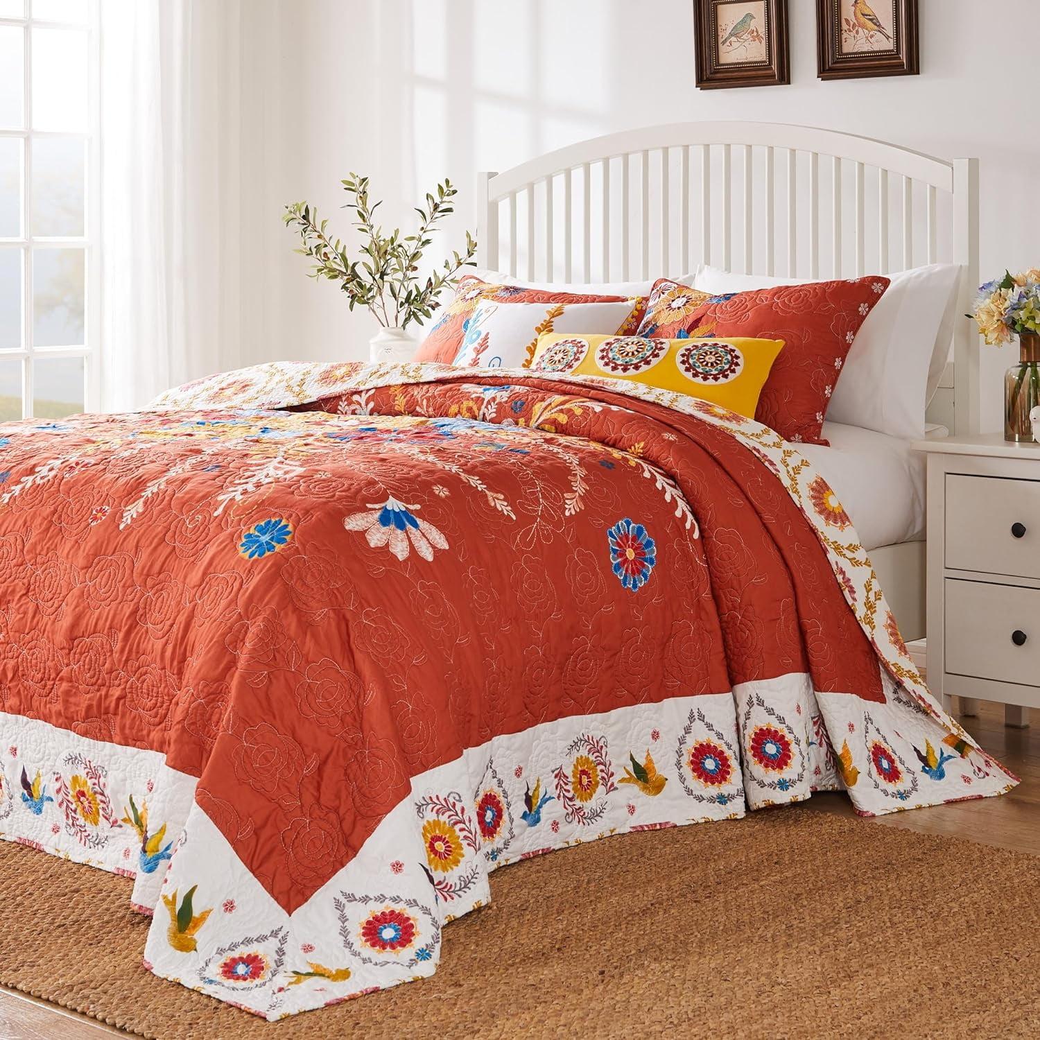 Barefoot Bungalow Topanga Boho Folk Art Quilted Bedspread Set, Reversible, 3-Piece Jumbo King