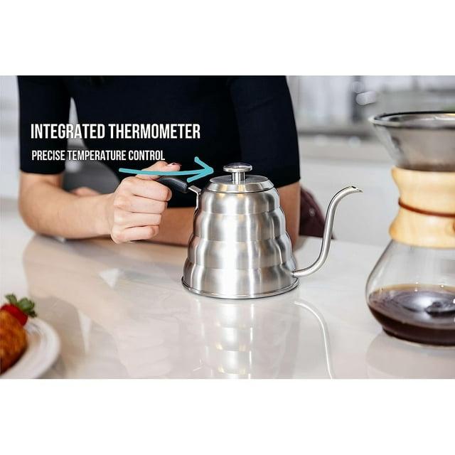 Barista Warrior Gooseneck Kettle with Thermometer for Pour Over Coffee and Tea 1.0L - Silver