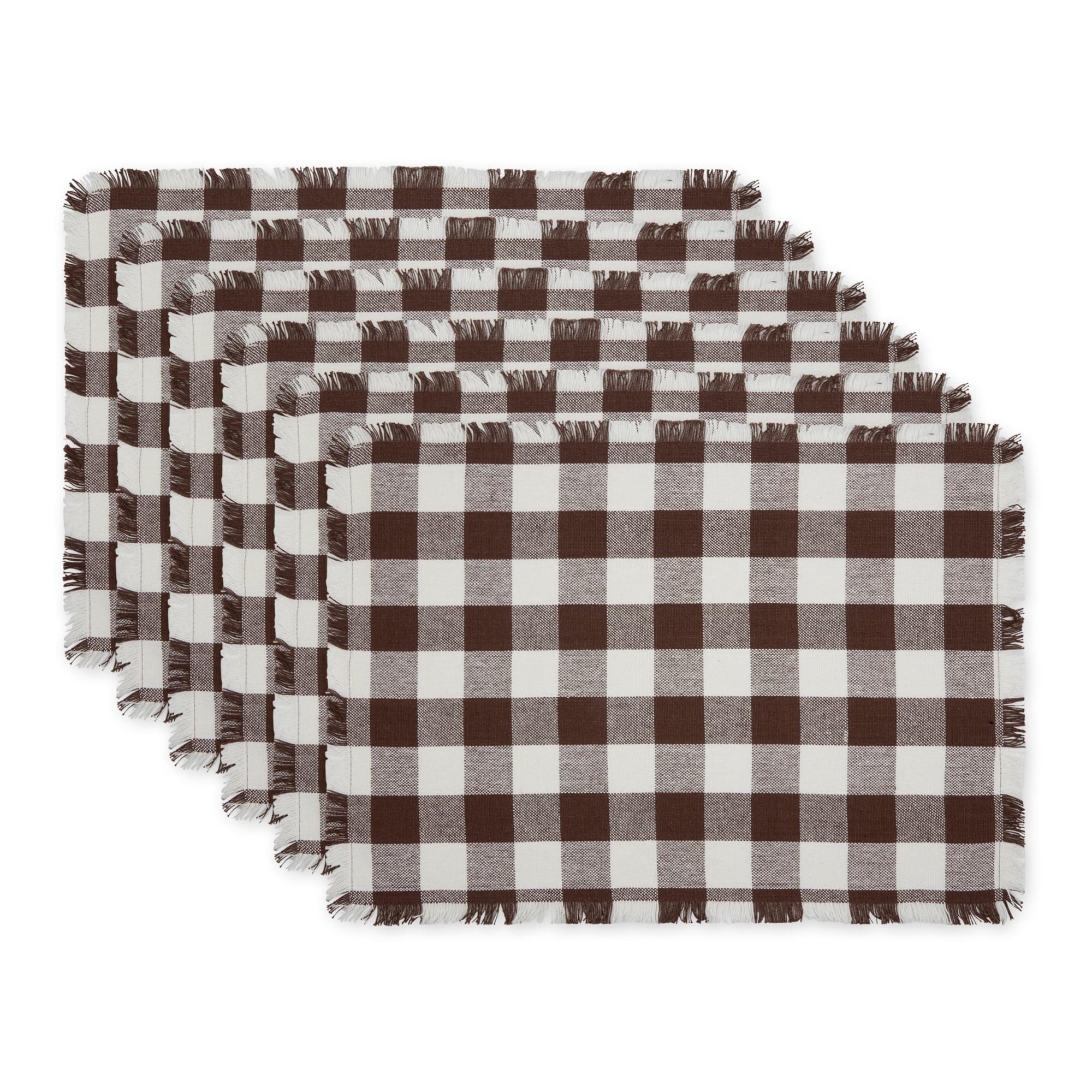 Design Imports Bark Brown Heavyweight Check Fringed Placemat Set/6