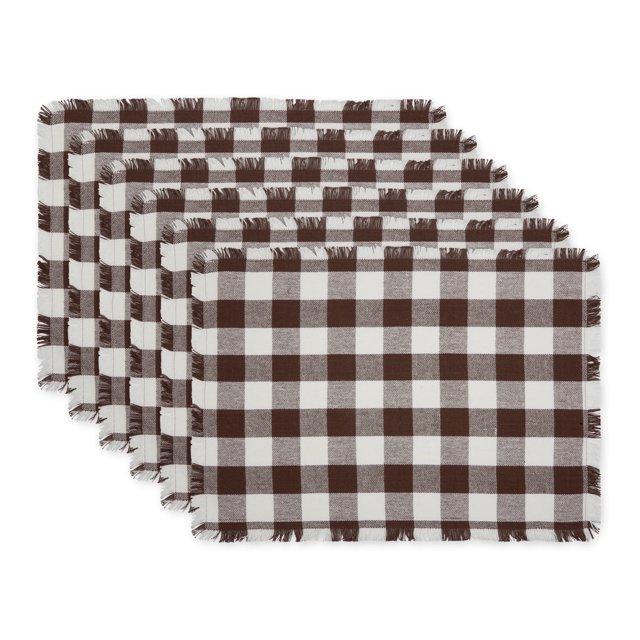Design Imports Bark Brown Heavyweight Check Fringed Placemat Set/6