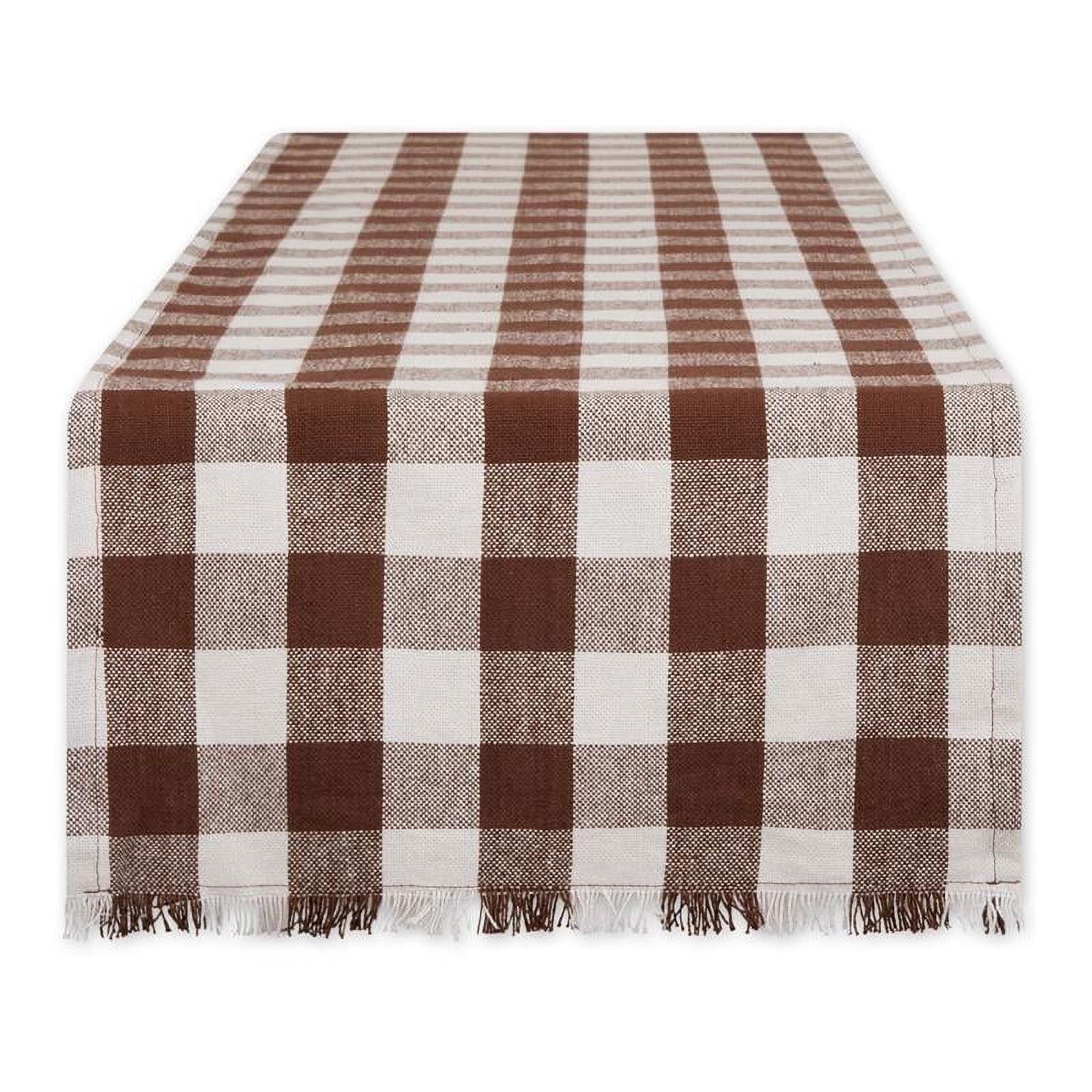 Bark Brown Heavyweight Check Fringed Cotton Table Runner 14x108