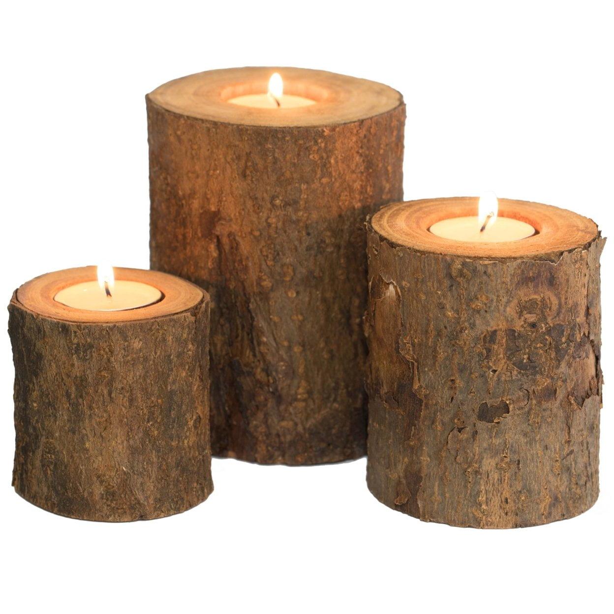 Rustic Bark Wooden Tea Light Candle Holder Trio