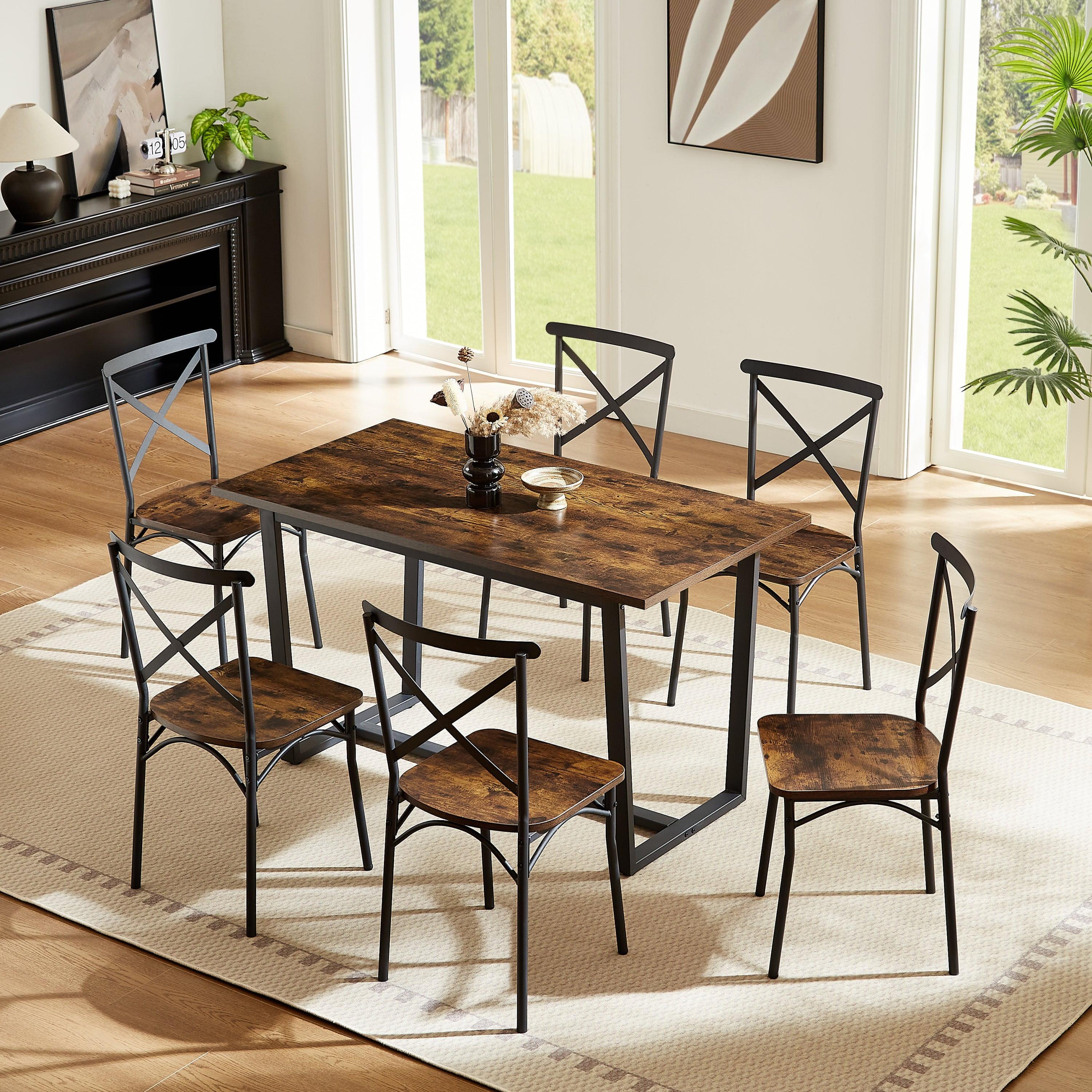 Brown MDF and Steel 7-Piece Dining Set with Angled Back Chairs