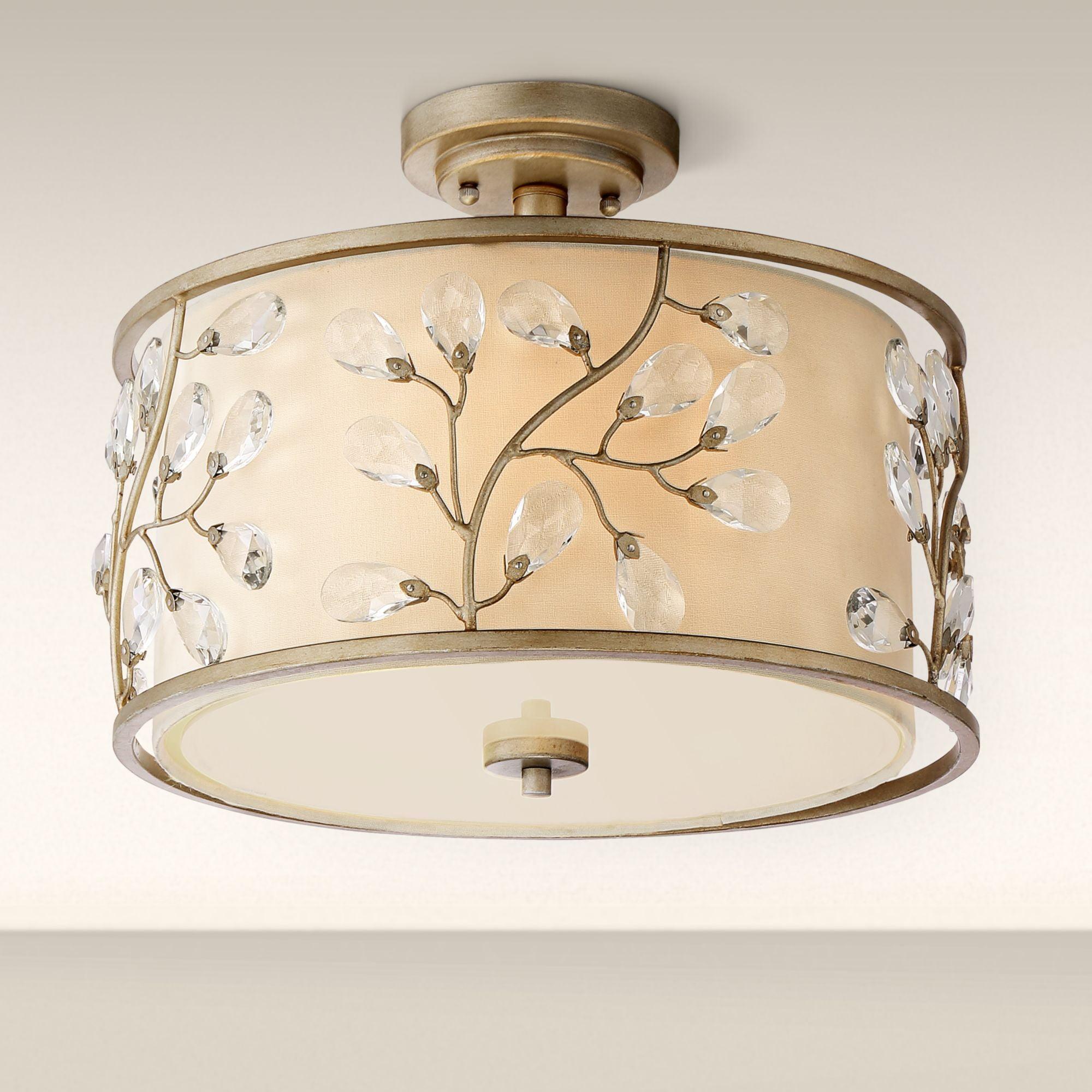 Barnes and Ivy Crystal Buds Vintage Ceiling Light Semi Flush Mount Fixture 16" Wide Antique Silver 3-Light Beige Fabric Drum Shade for Bedroom Kitchen