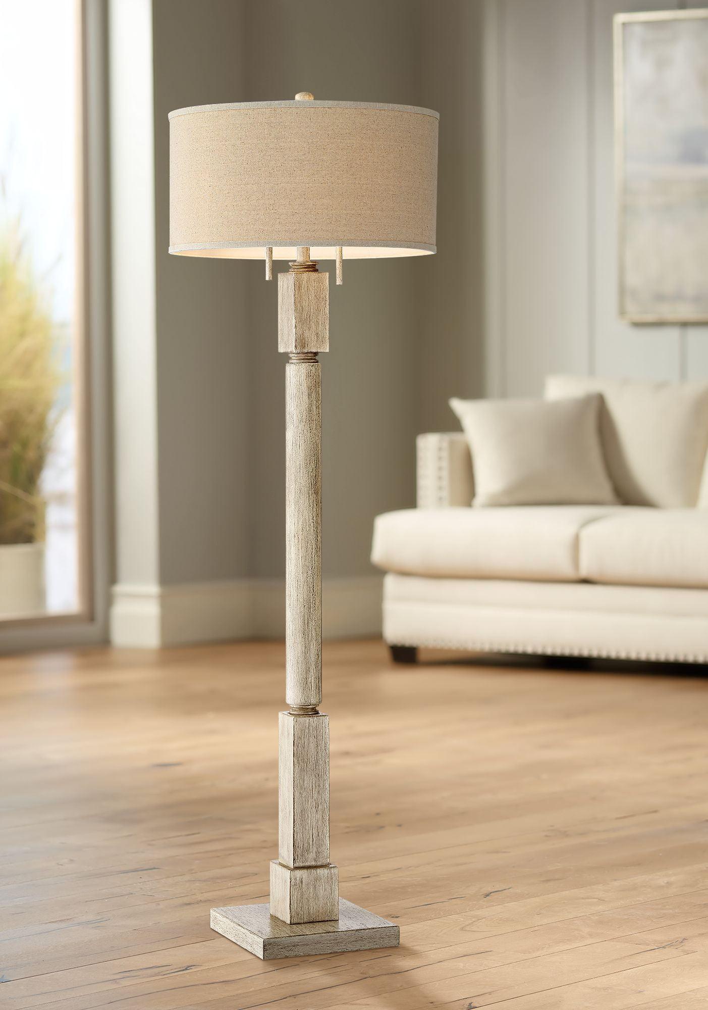 Barnes and Ivy Baluster Country Cottage Floor Lamp 63 1/2" Tall Pickled Wood Oatmeal Linen Drum Shade for Living Room Reading Bedroom Office House