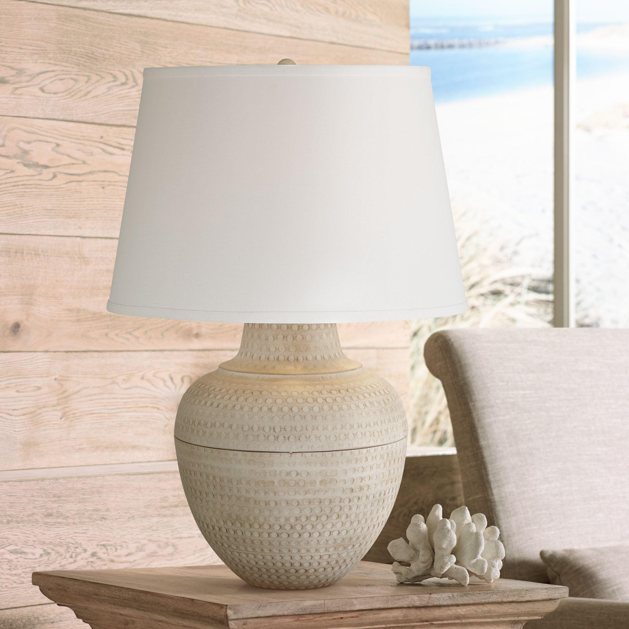 Barnes and Ivy Rustic Farmhouse Table Lamp 27 1/4" Tall Natural Beige Hammered Metal White Linen Fabric Drum Shade for Living Room