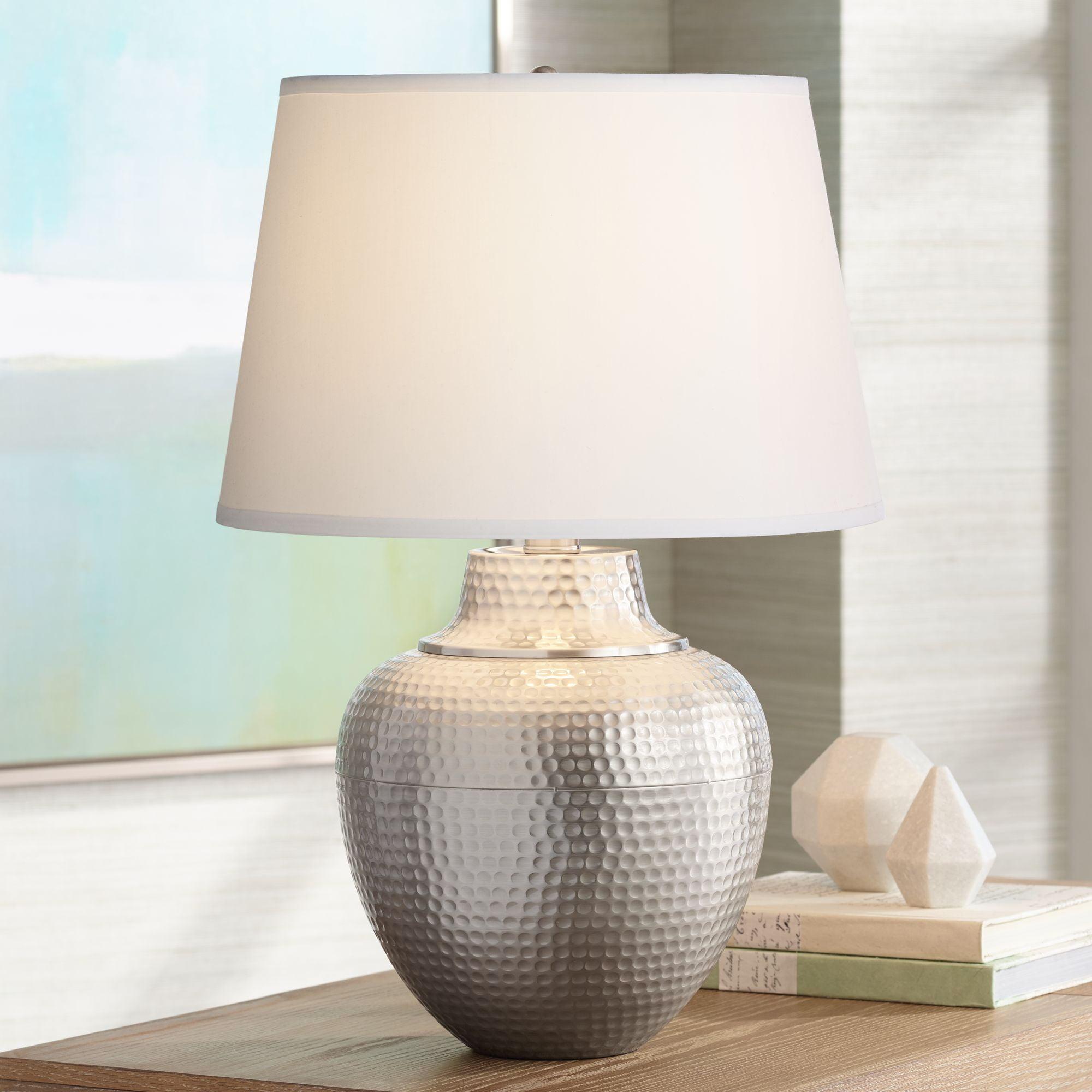 Brighton 27'' Brushed Nickel Hammered Metal Table Lamp with White Drum Shade