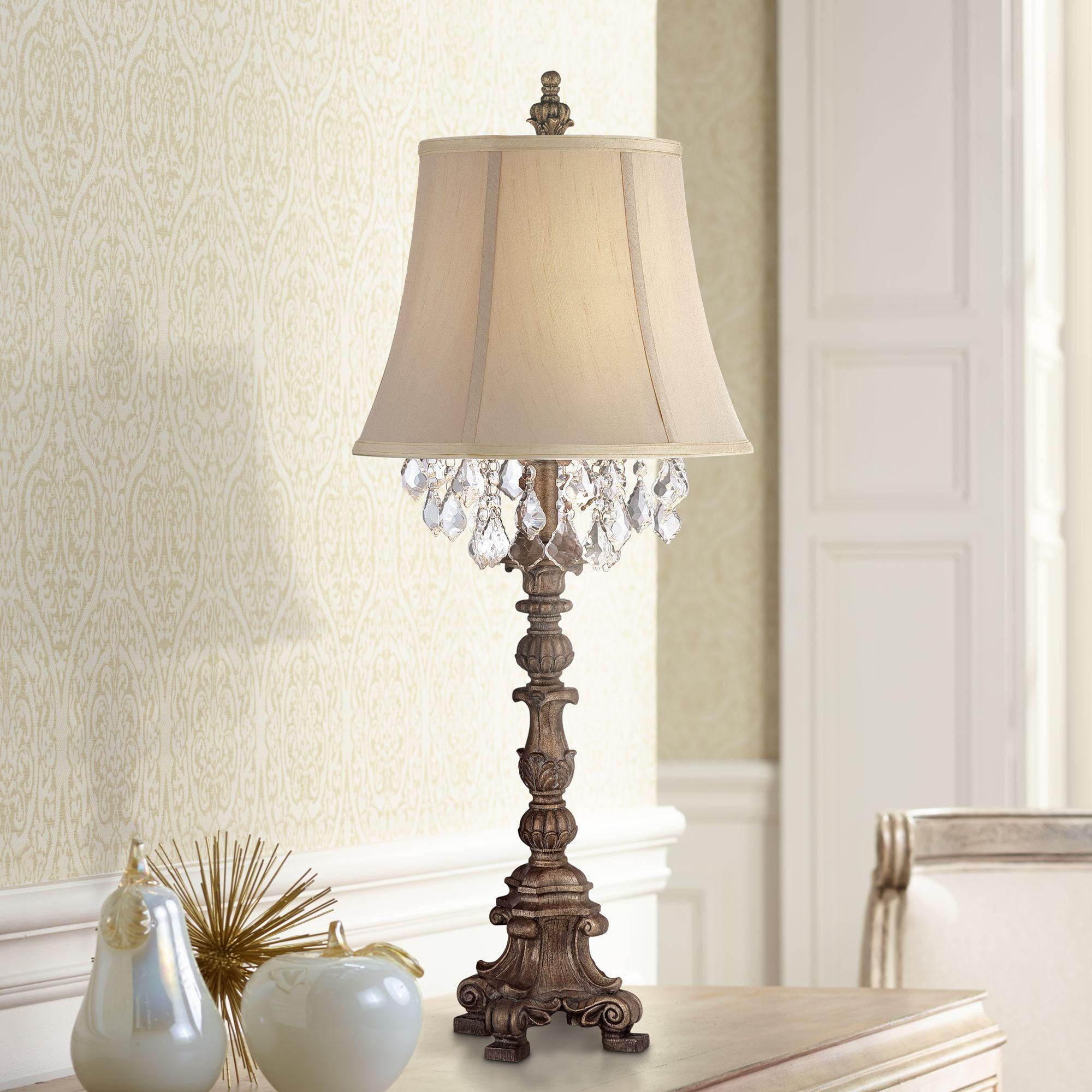 Duval Aged Gold Candlestick Crystal Table Lamp with Fabric Bell Shade