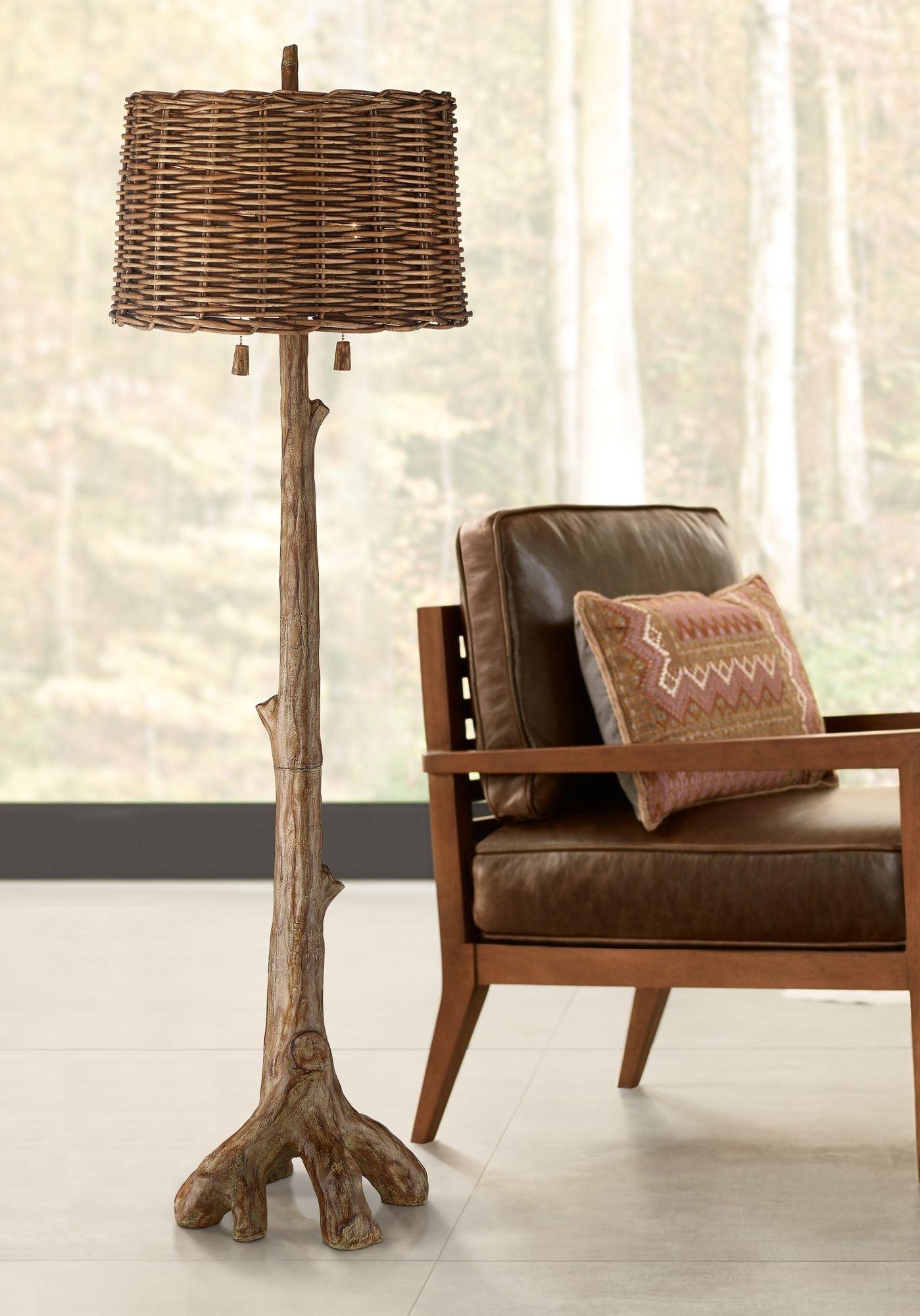 Rustic Faux Wood Floor Lamp with Wicker Shade