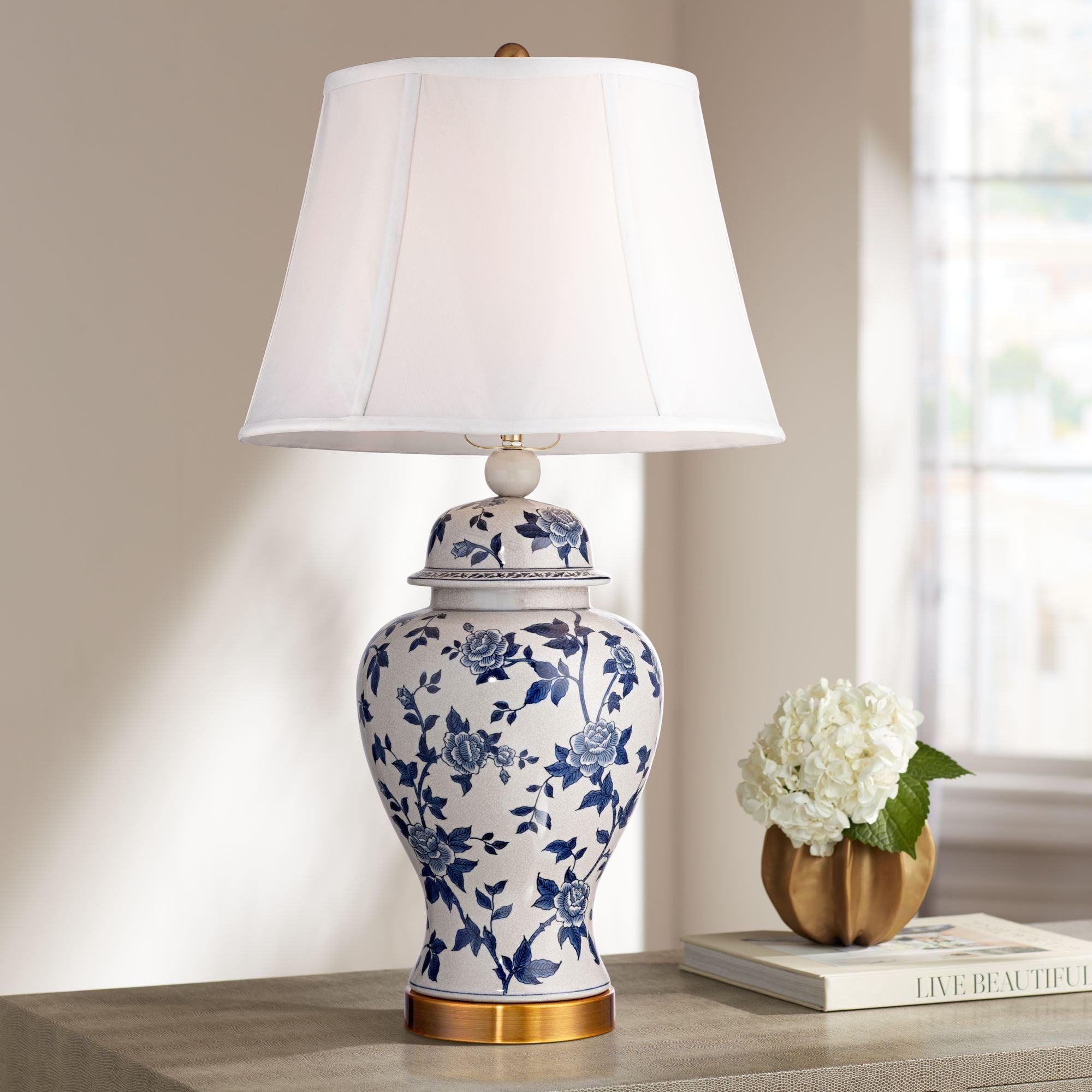 Barnes and Ivy Traditional Table Lamp 25" High Crackle Ceramic Blue and White Rose Vine Temple Jar White Bell Shade for Living Room Family
