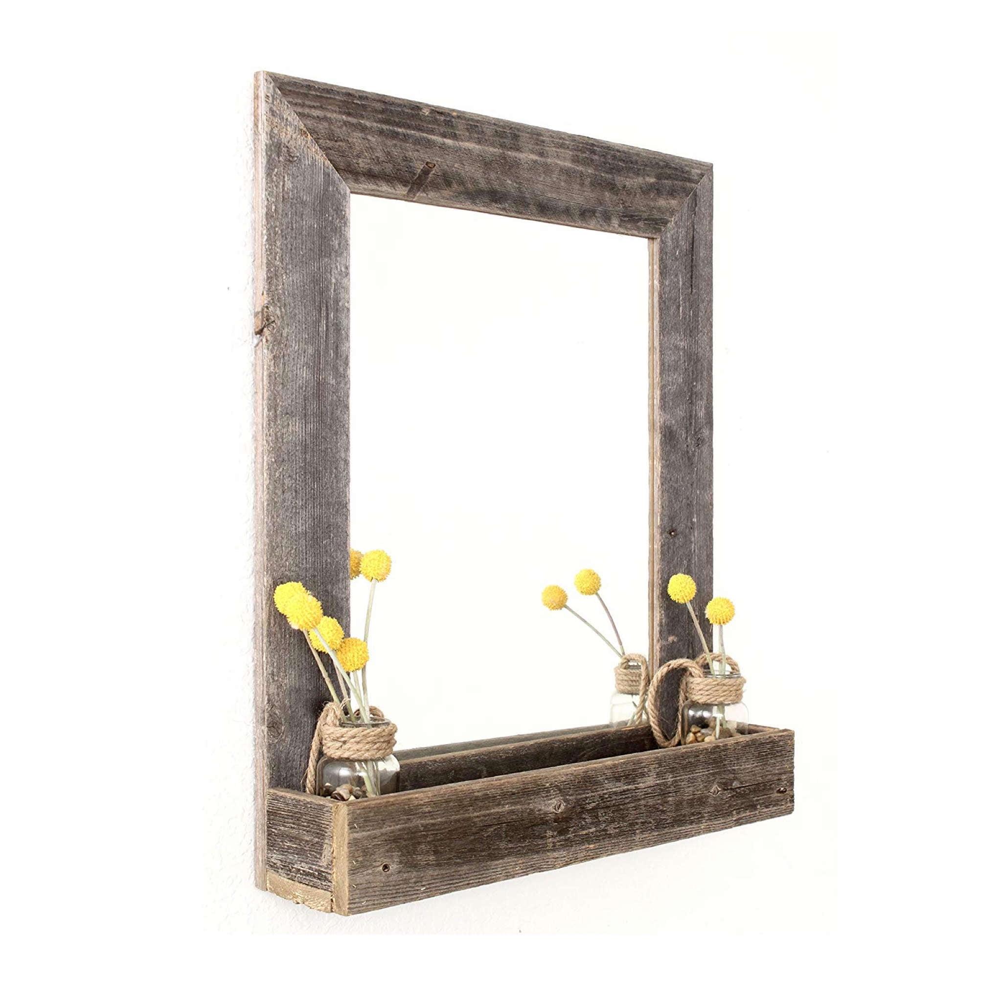 Rustic Farmhouse Reclaimed Wood Wall Mirror with Shelf, 25.5"x21.5"