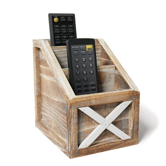 Barnyard Designs Rustic Vintage Wooden Desk Organizer Remotes Caddy Tabletop Desktop Office Supplies Desk Accessories Holder, 6.75" x 6.5” (White/Brown)