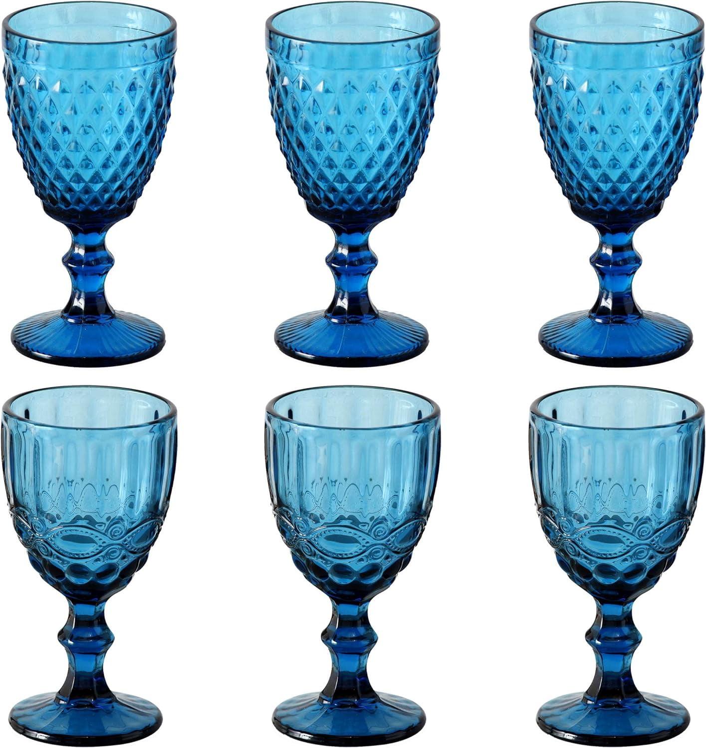 Vintage Blue Glass Wine Goblets with Tactile Patterns, Set of 6