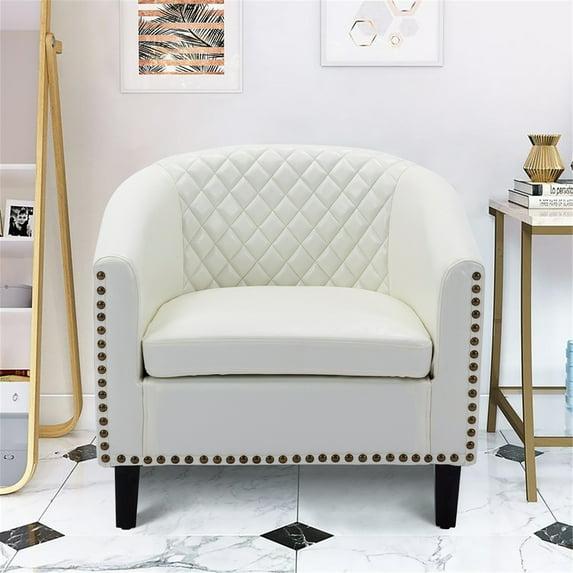 Barrel Chair PU Leather and Solid Wood Legs Tufted Cushion Rivet Decor Tub Barrel Style Bedroom Club Sofa Chair for Attic Rest Area and Home Living Room Max Weight Capacity 250 LBS White