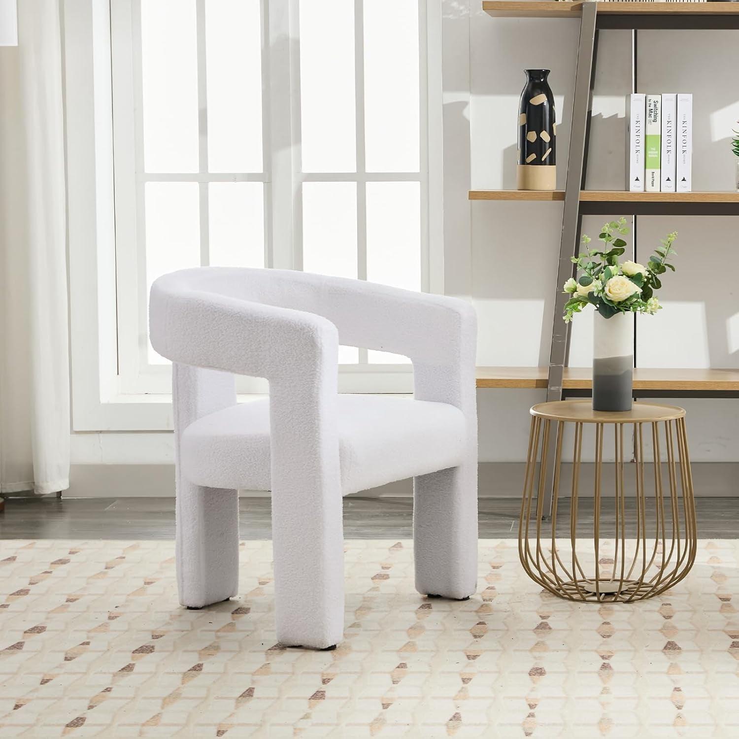 Modern Barrel Dining Chair – Upholstered Accent Side Chair With Arms, Comfy Makeup Vanity Chair, Versatile Dining Chair For Living Room And Kitchen, Sherpa Fabric (1, White)