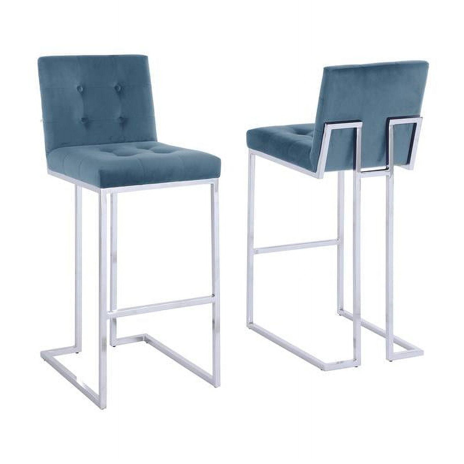 Barstools with Tufted Seats in Teal Blue Velvet and Chrome Legs (Set of 2)