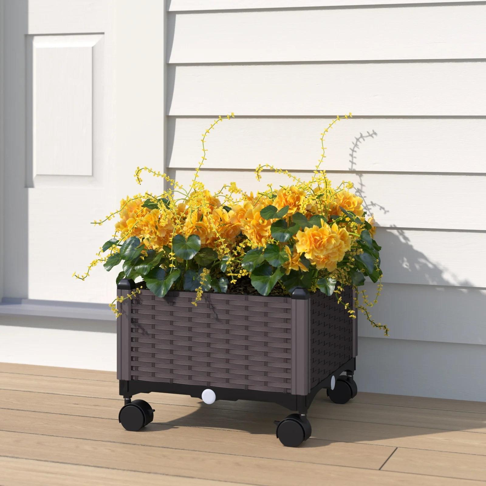 Barton 2-Piece Set Raised Garden Bed Planter Box with Wheels Plant Box, Brown