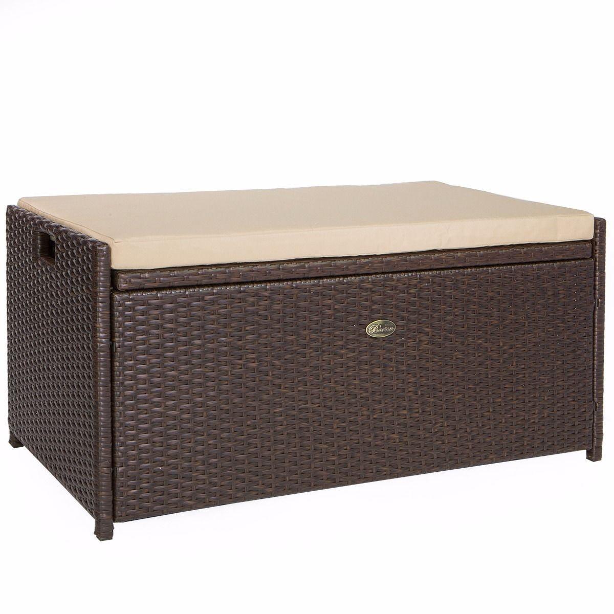 Brown Wicker 60 Gallon Outdoor Deck Box with Cushion