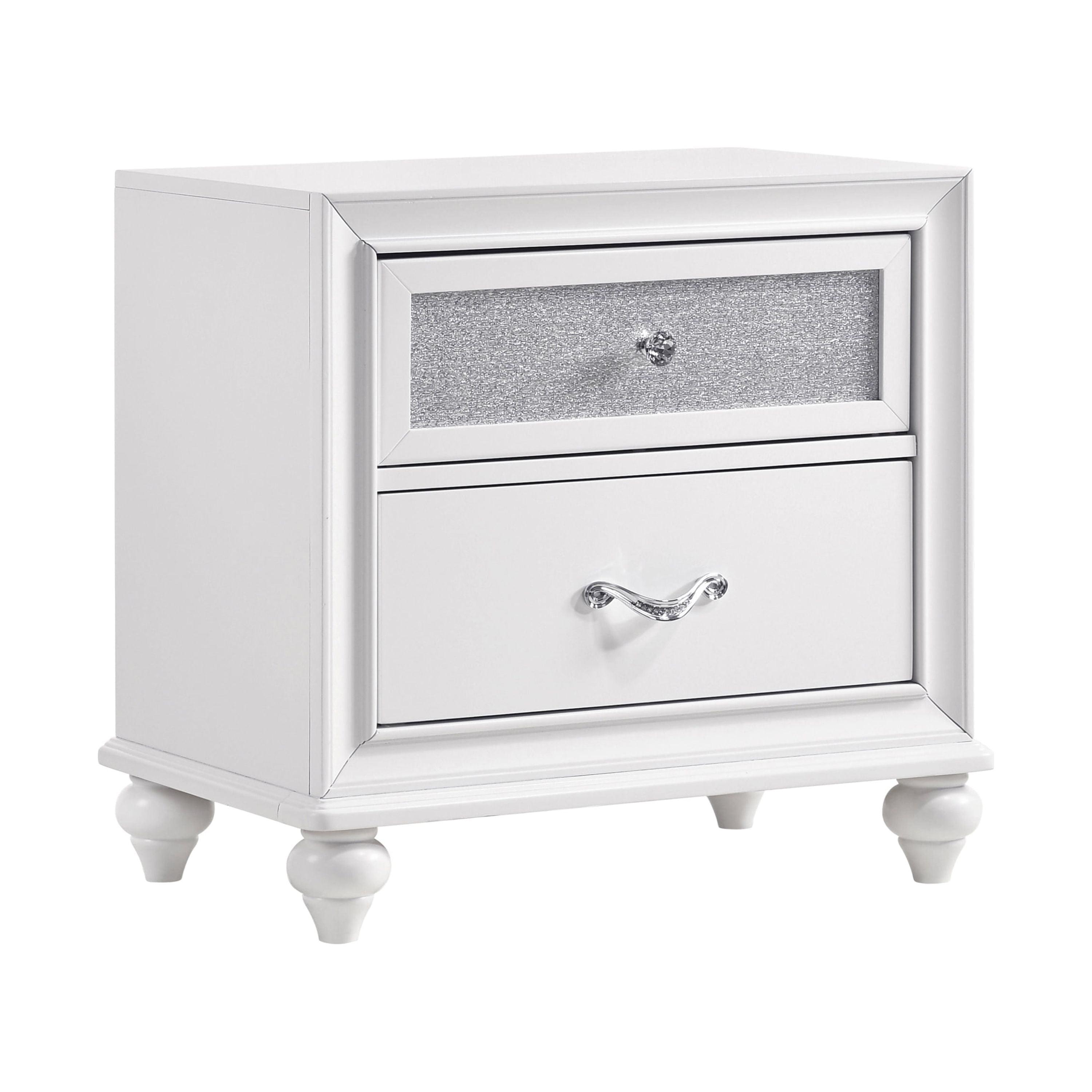 White Glam 2-Drawer Nightstand with Crystal Hardware