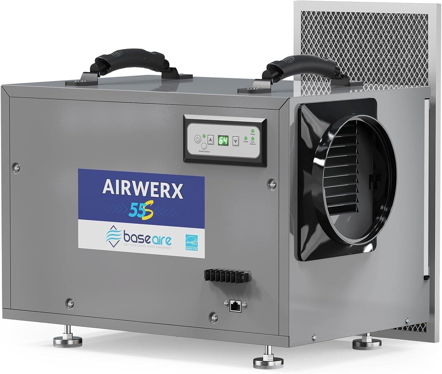 BaseAire AirWerx 55 Dehumidifier for Crawl Space Basement Commercial Dehumidifier with Continuous Drain Hose