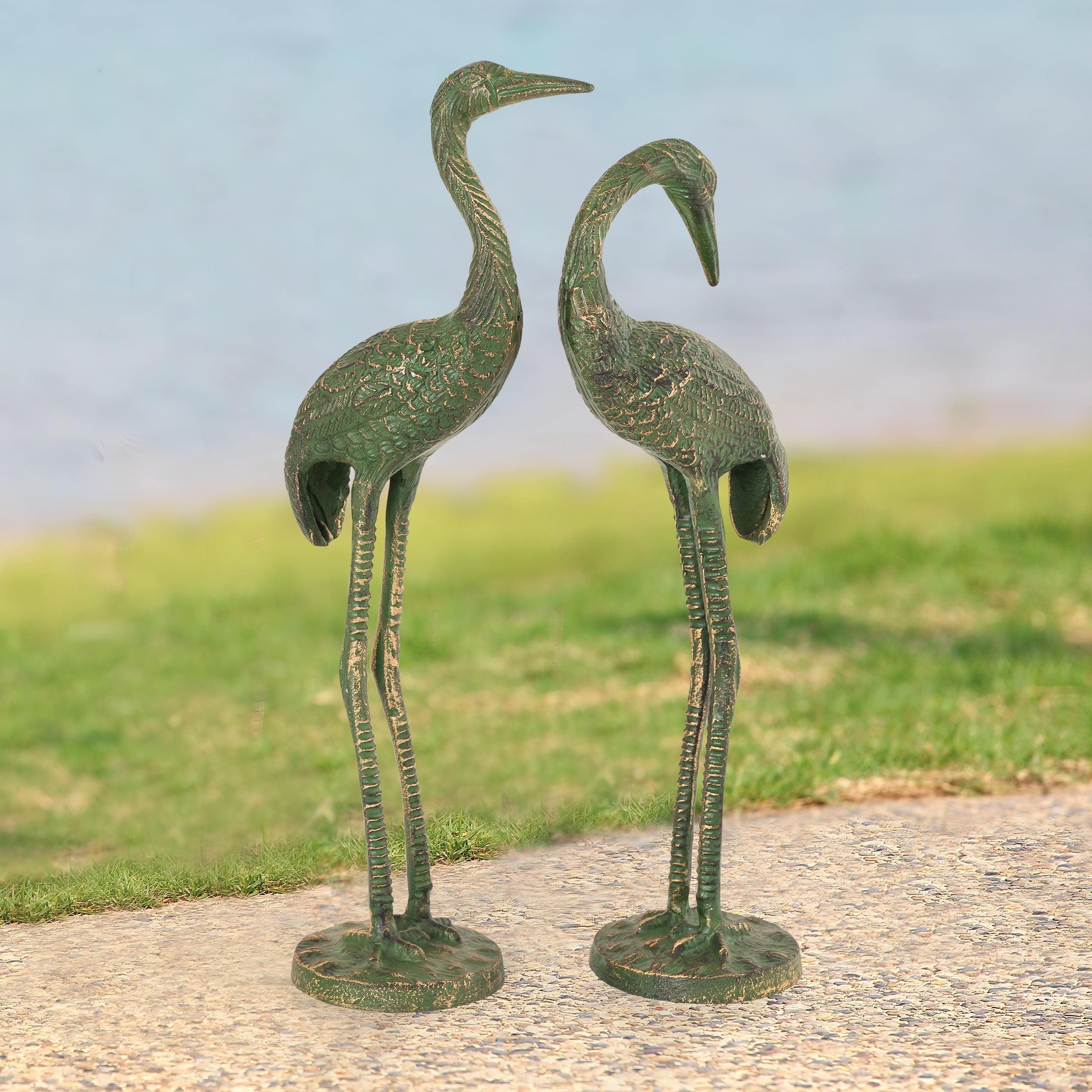 Antique Verdigris Green Metal Heron Garden Sculptures, Set of 2