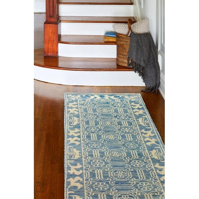 Addie Geometric Hand Knotted Wool Denim/Cream Area Rug
