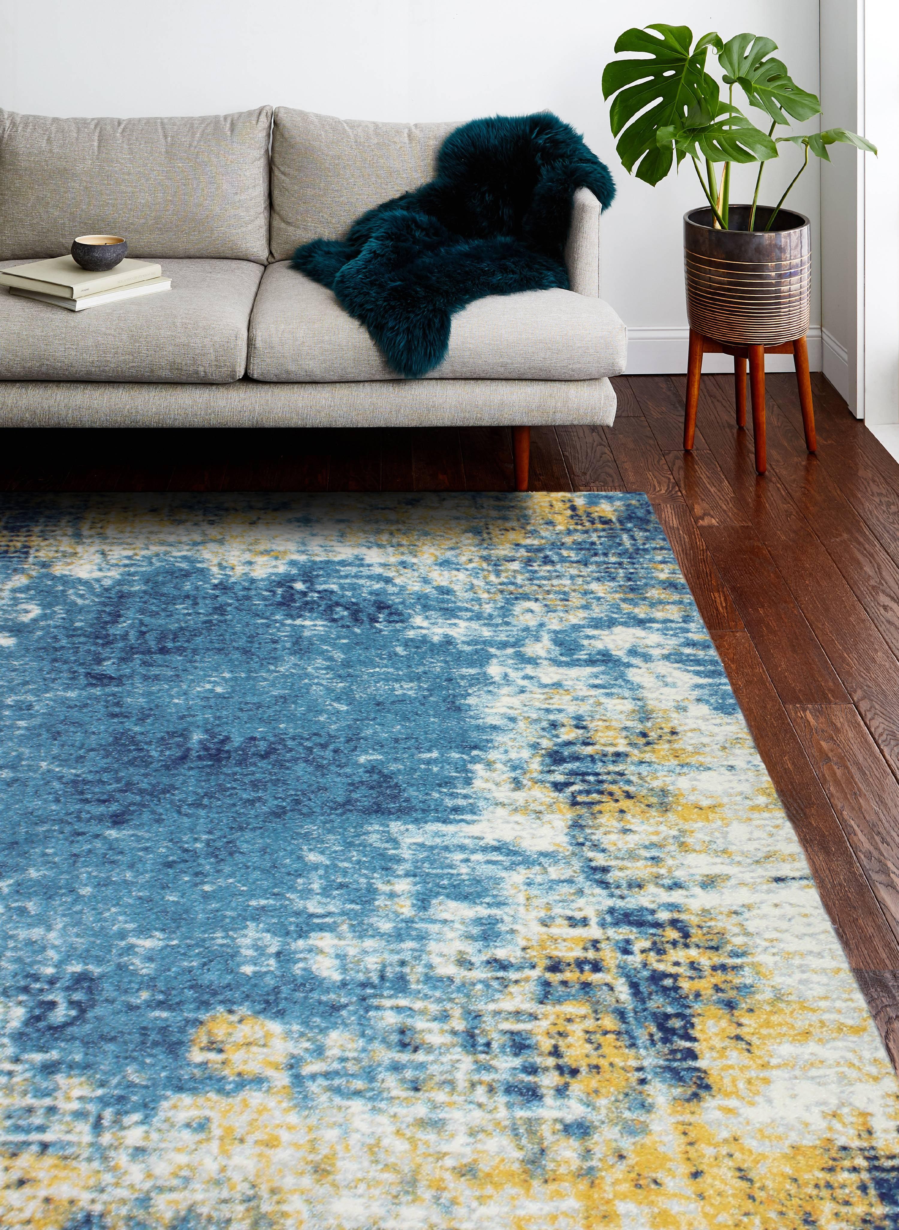 Blue and Yellow Abstract 9' x 12' Synthetic Area Rug