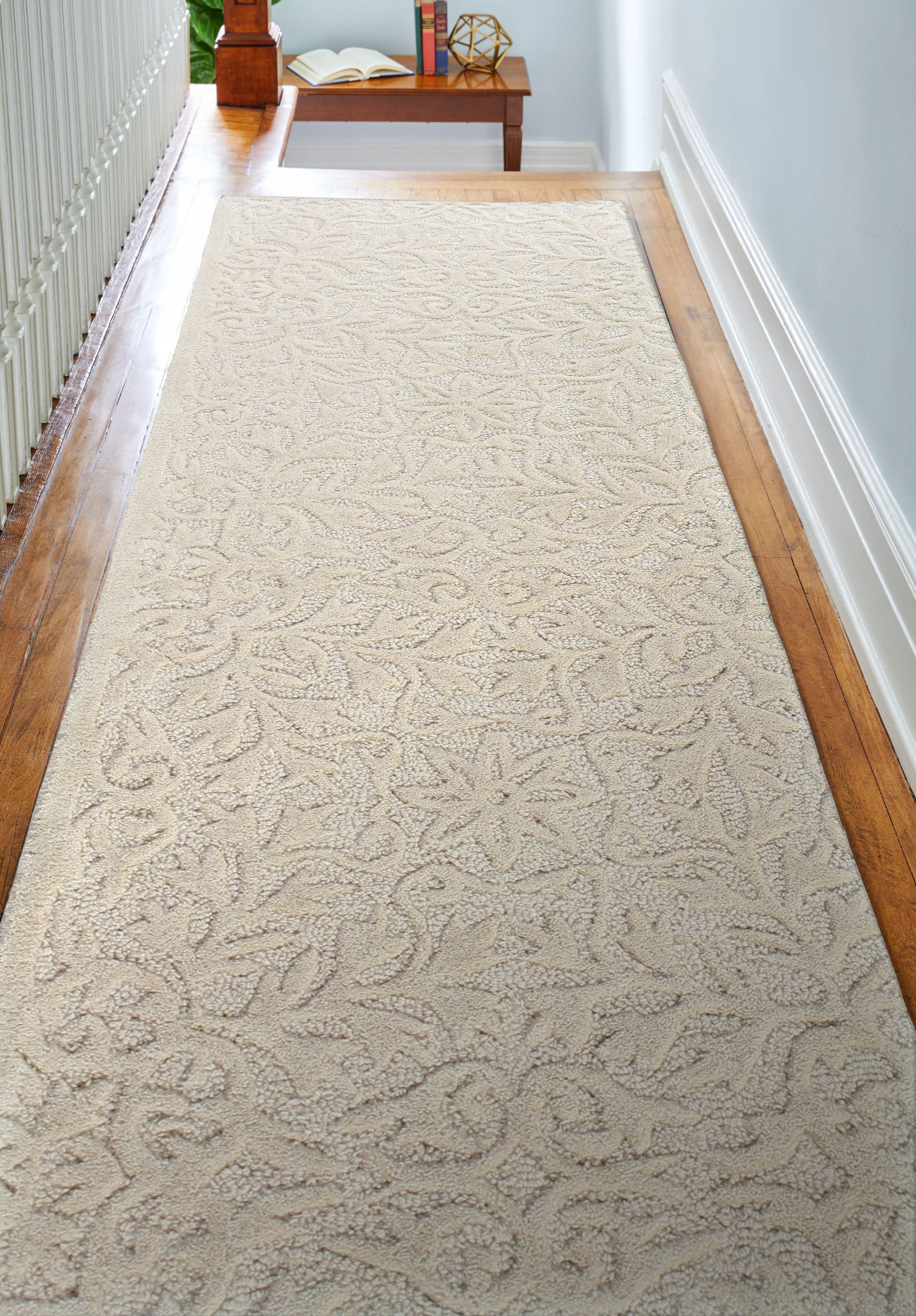 Ivory Floral Motif Tufted Wool Runner Rug