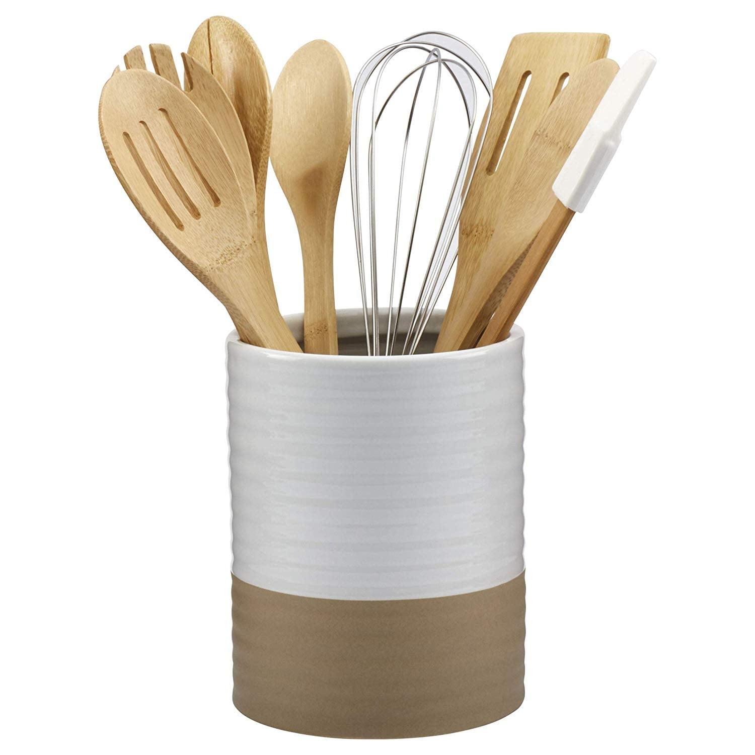 White and Brown Ceramic Utensil Holder with Bamboo Tools