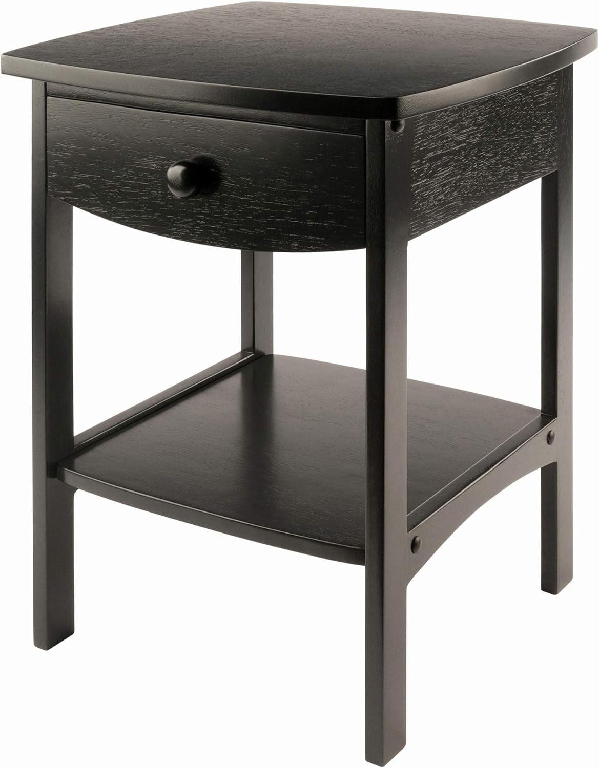 Transitional Square Black Nightstand with Storage Drawer and Open Shelf