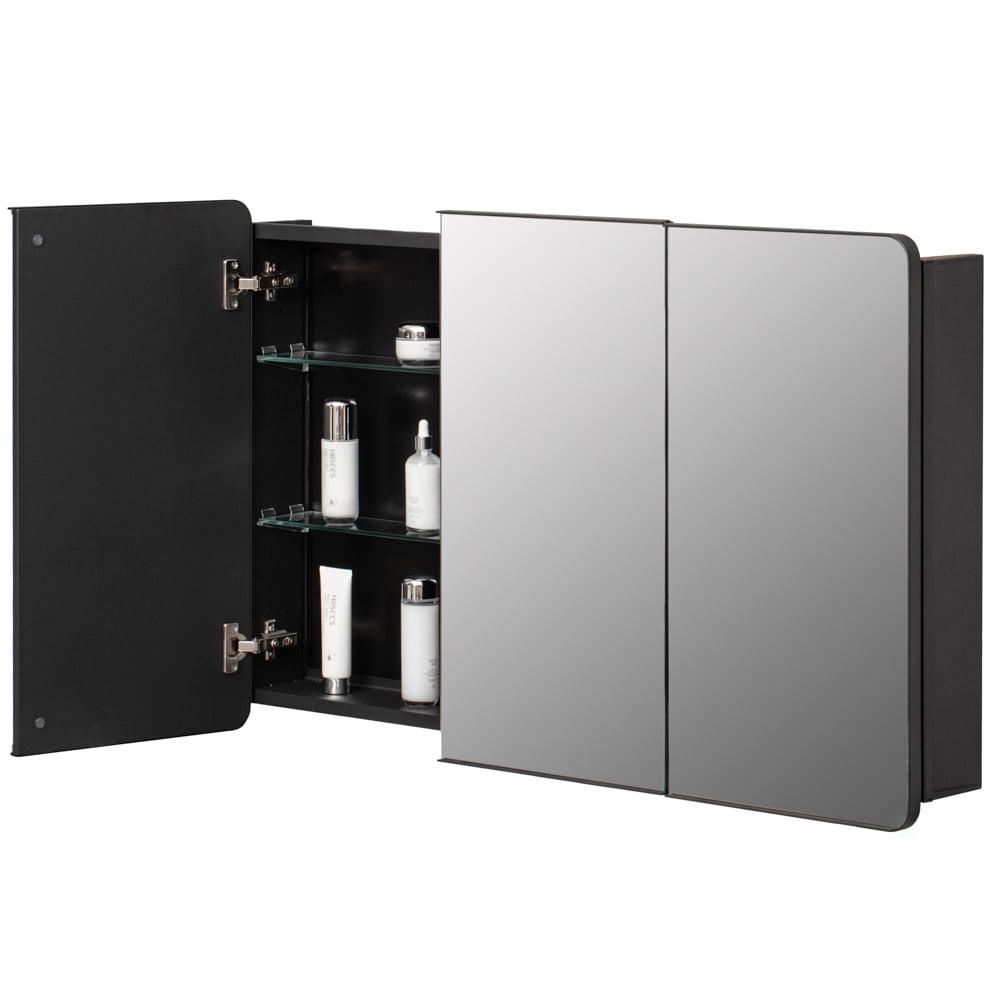 Basicwise 3-Door Aluminum Medicine Cabinet, Round Corner Frame, Surface or Recessed Mount, Mirrored Doors with Adjustable Glass Shelves, Matte Black