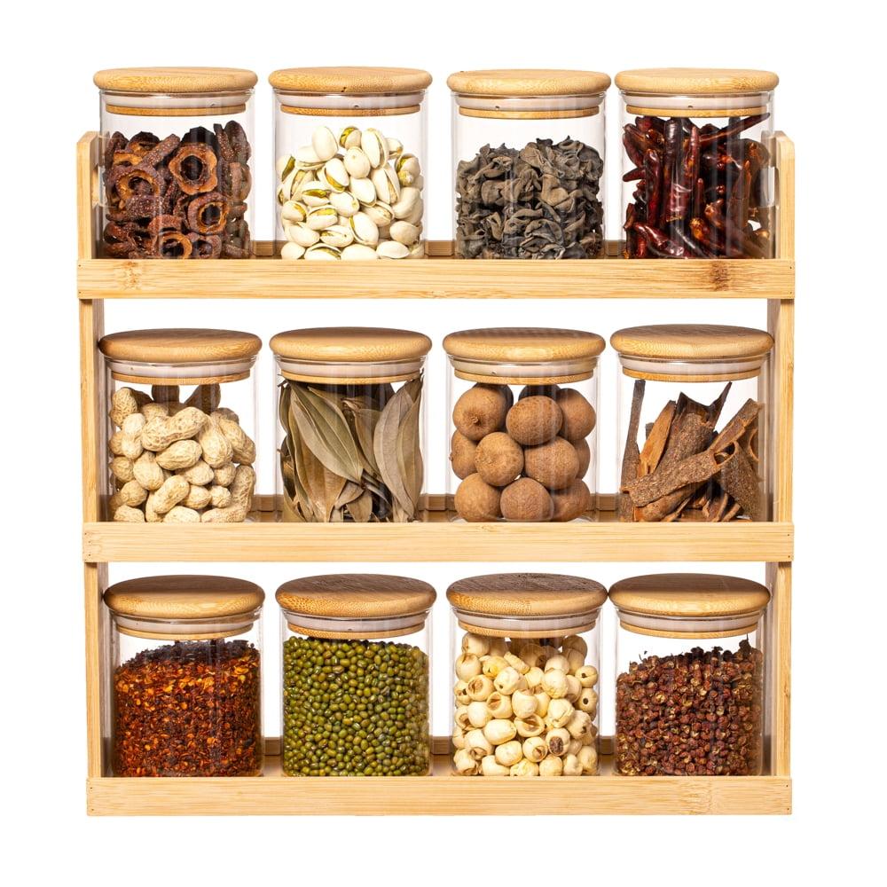 Basicwise 3-Tier Bamboo Spice Rack & Pantry Organizer with 12 Glass Jars.Perfect for Storage in Kitchens to Keep Seasoning Containers Neatly Displayed
