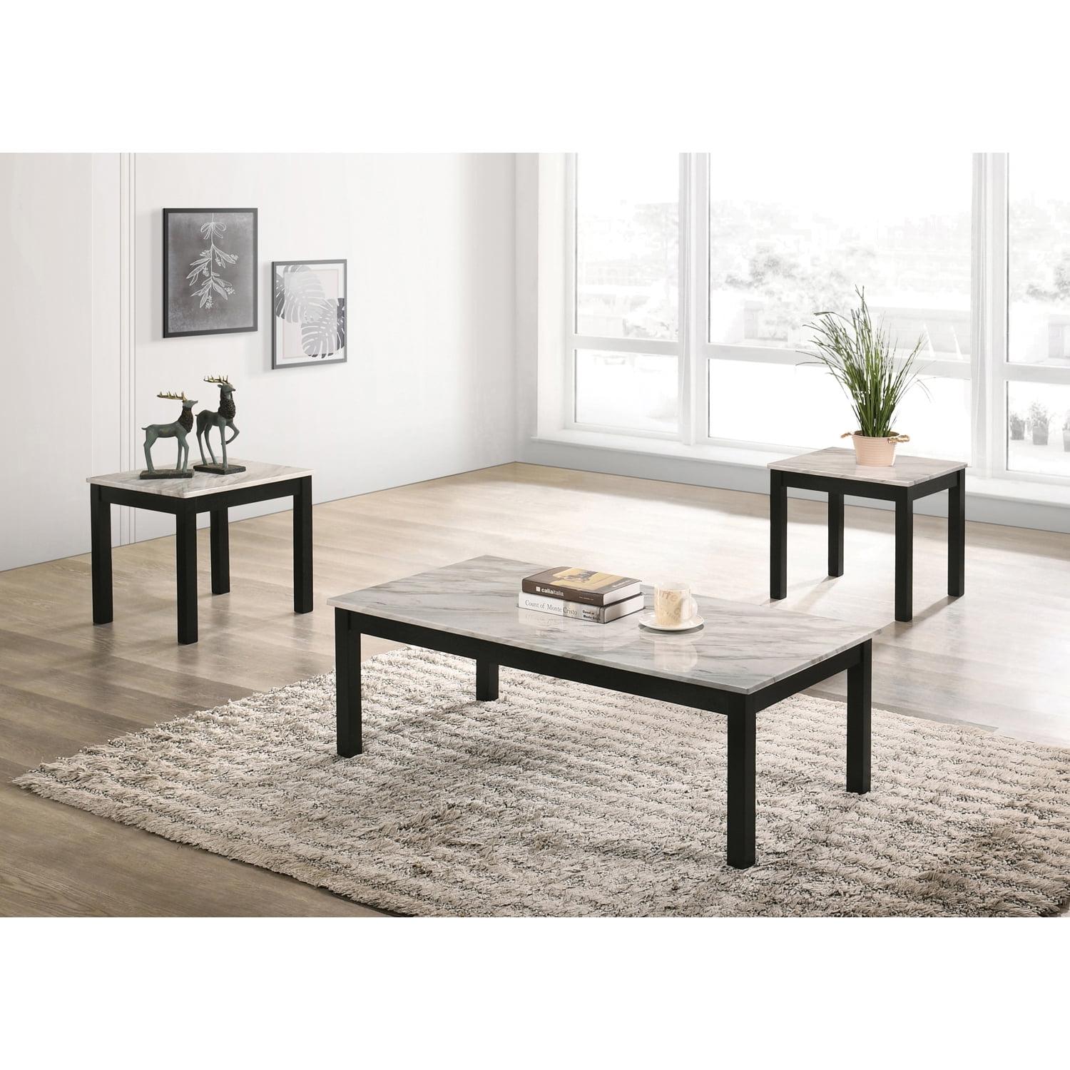 Bates 3-Piece White Faux Marble and Black Rectangular Table Set