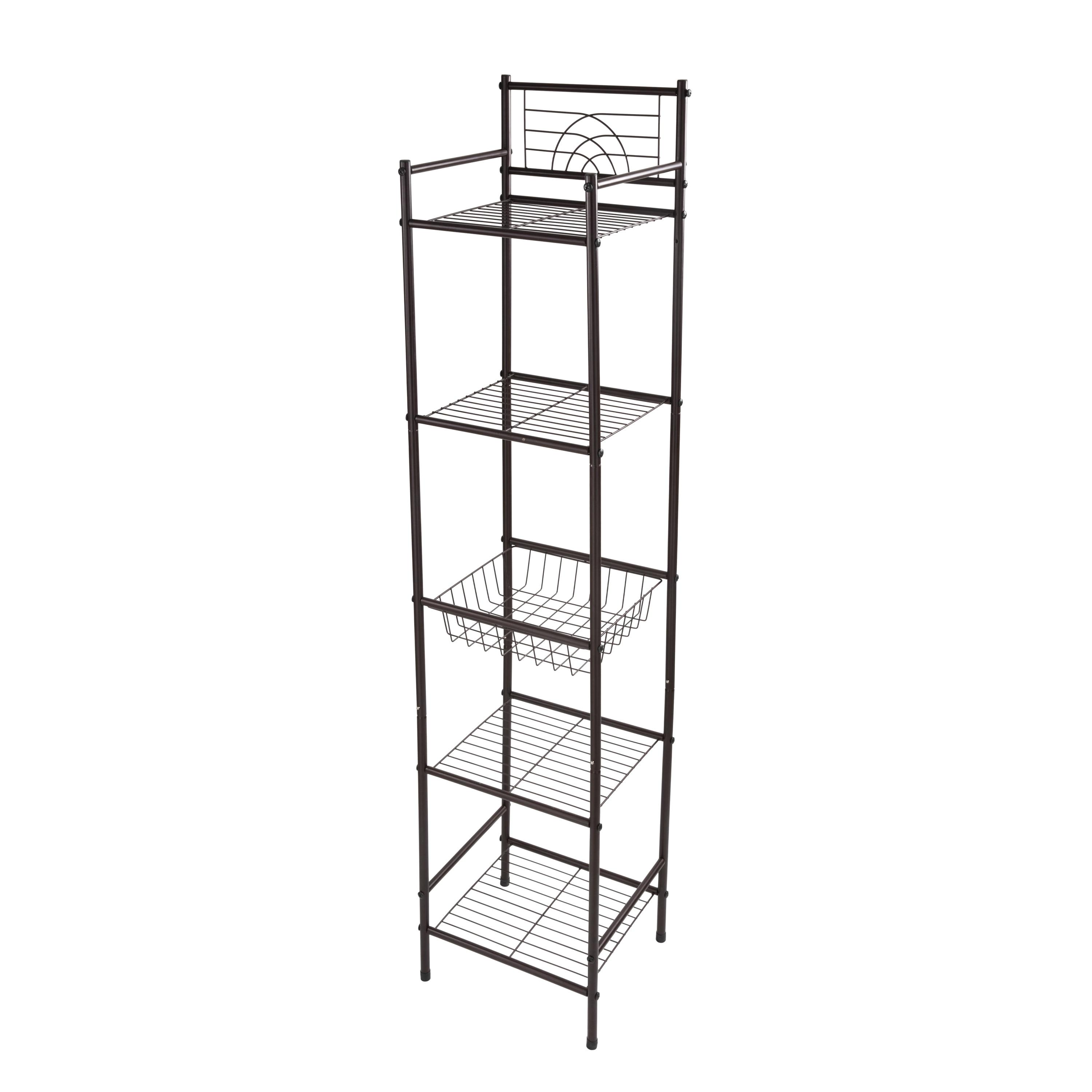 Bronze 5-Tier Freestanding Bathroom Storage Shelf with Basket